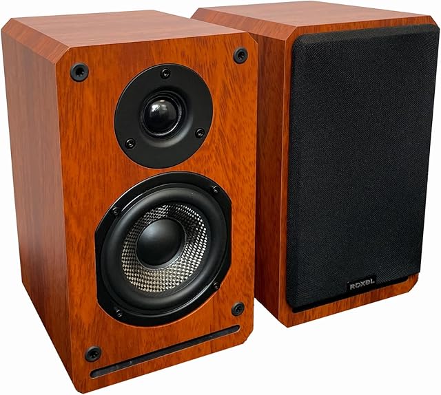 Roxel RBS 300 Book Shelf Speaker,Wood Effect Cabinet with 4 inch Enhanced Carbon Fibre Woofer, 1Inch Silk Dome Tweeter, Detailed and Refined Sound, Deep Bass Smooth Treble 150W RMS (Cherry Wood)