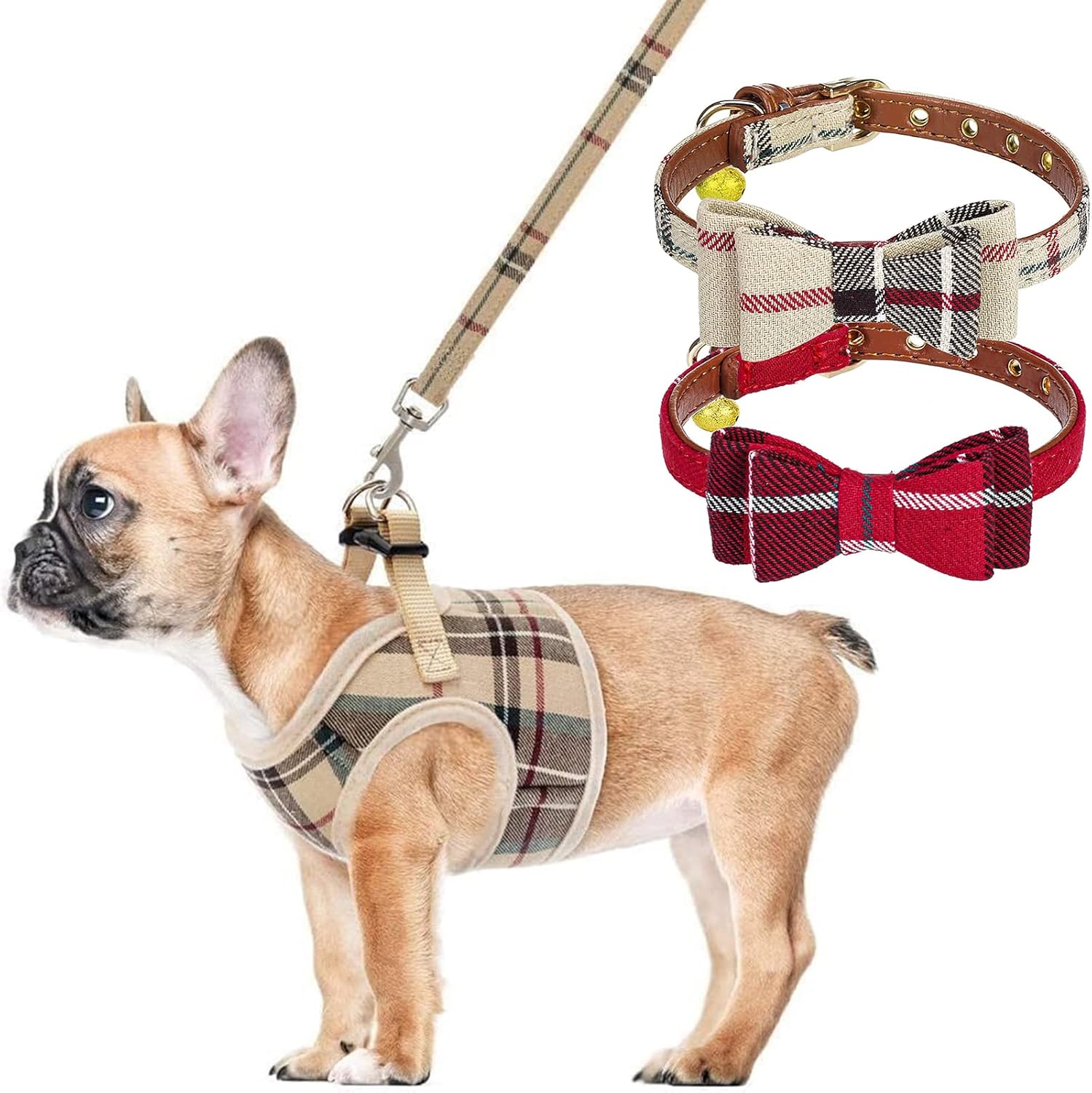 Small Dog Harness Leash with 2 Packs Collars - Basic Plaid Padded Step-in Chest Vest, Plaid Small Dog Collar Charm Adjustable Bowtie Soft Leather Cat Collar for Kitties, Puppy, Small Pets