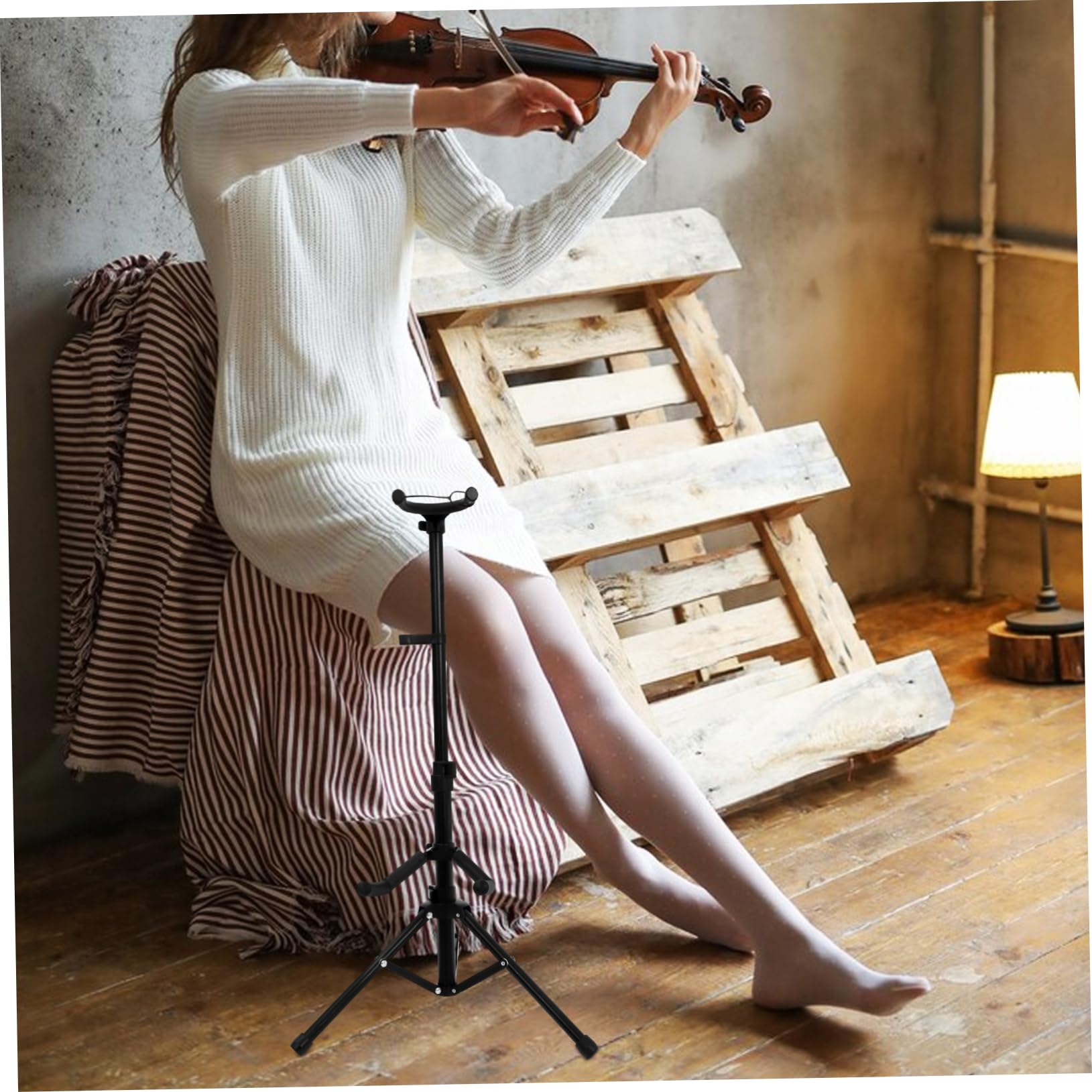 ibasenice Folding Violin Gravity Stand Professional Portable Violin Floor Stand Black Bow Holder
