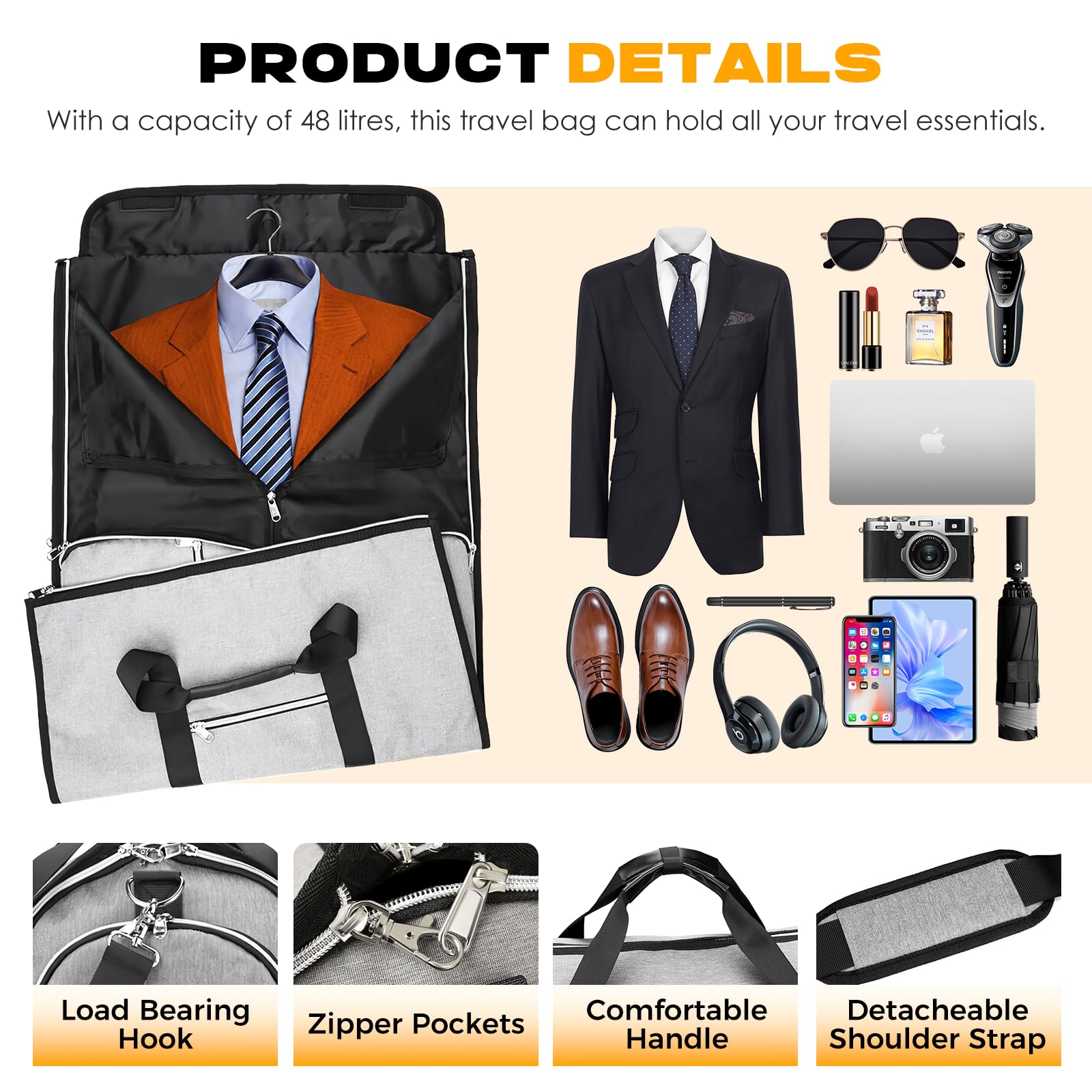 Towwoo Bolsa Portatrajes de Viaje 55 L, Grande Plegable Bolsa Impermeable con Compartimento para Zapatos Traje Ropa Vestidos, Macuto Viaje Bolsa Deporte para Fin de Semana Fitness Viaje