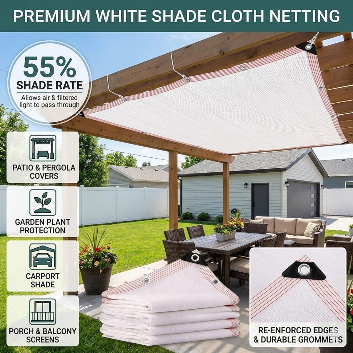 50% White Shade Cloth with Grommets, HDPE Shade Net for Garden, Greenhouse Mesh Tarp Water Permeable, Sunblock Cover for Patio Vegetable Bed Dog Kennel Coop(14x20ft)