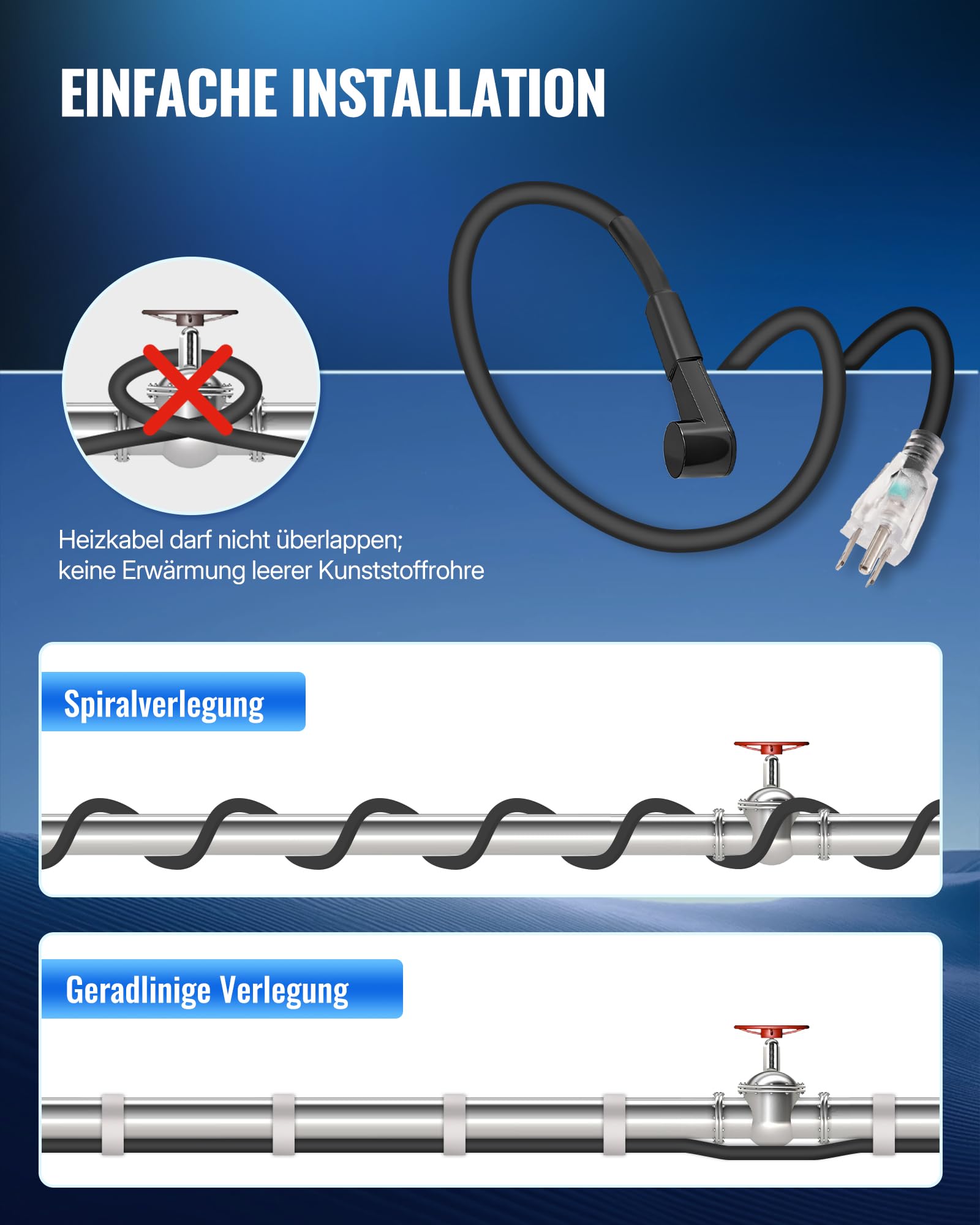 4 m Heizkabel 230V mit Thermostat, 17W/M Frostschutz Heizband, IPX7 Wasserdicht, für Kupferrohre, Metall- und Kunststoffrohre, Automatische Ein-Ausschaltung ZB04HCD06