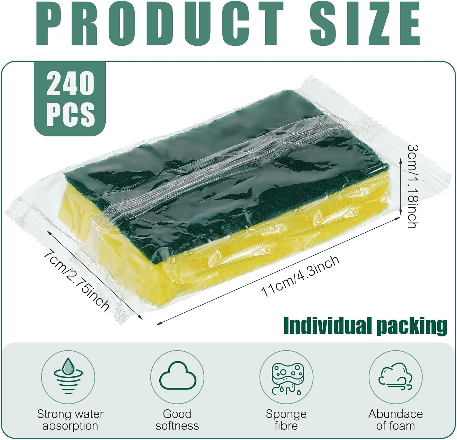 Maxcheck 240 Pcs Individually Wrapped Sponge Dishwashing Sponge Bulk Non Scratch Scouring Pad Kitchen Scrub Sponges for Household Cleaning Rental Dishes Hotel Apartment Car (Yellow, Green)