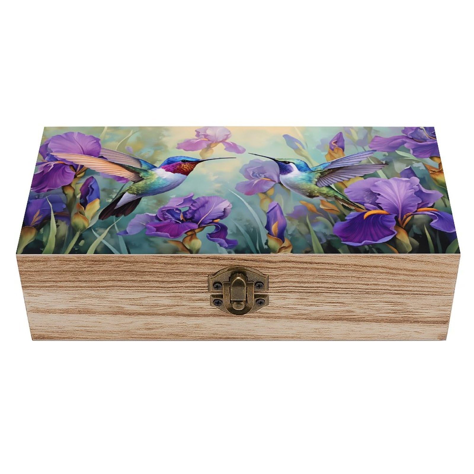 SMAZDFXX Hummingbirds And Purple Irises Wooden Keepsake Box Vintage Solid Wood with Hinged Lid 7.9"×3.7"×2.3" Metal Latch Rustic Home Decor for Jewelry Photos And Trinkets