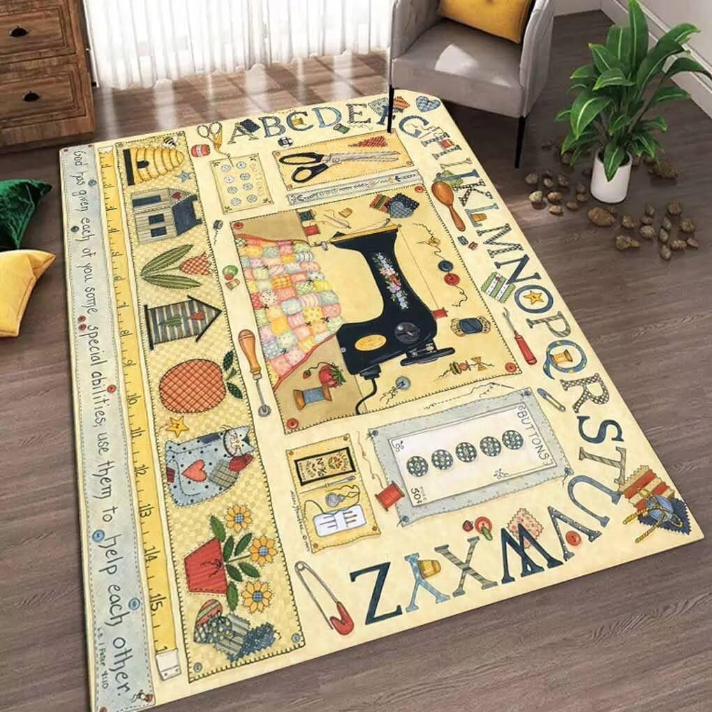 Oriental Sewing Style Pattern Rugs for Entrance Kitchen Non-Slip Low Pile Sewing Machine Themed Area Rug Home Decor Fun Fashion Geometric Triangle Elements Print Carpet 3'x5'