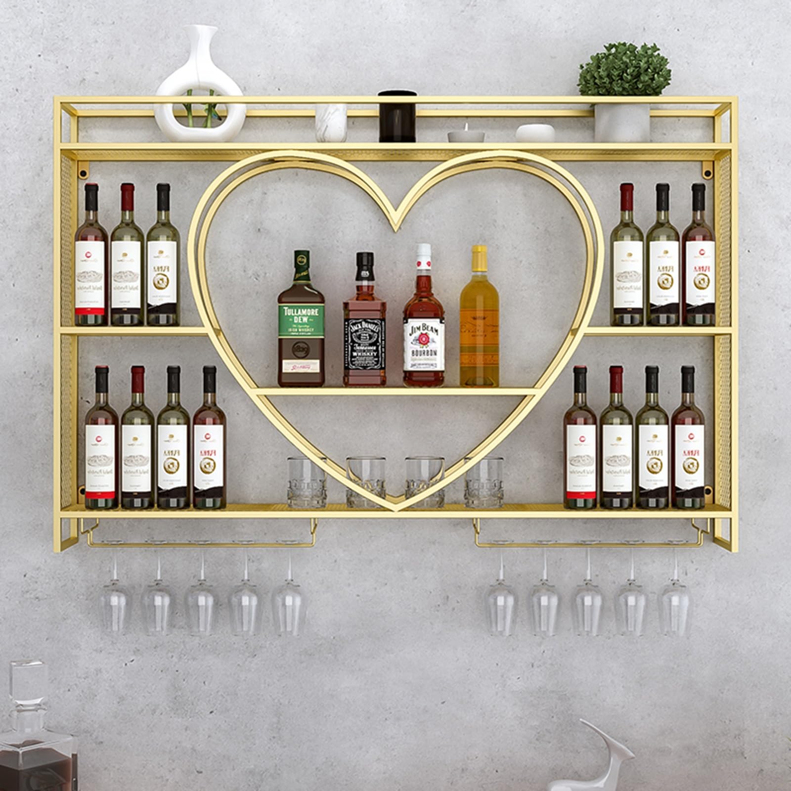 Casier à vin mural moderne en métal étagère 3 niveaux support verres porte-bouteilles