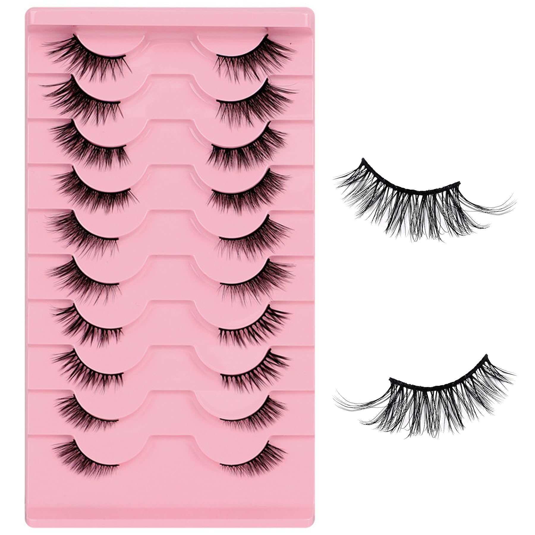 TORMEN 10 Pairs Half False Eyelashes, 3D Handmade Mink False Eyelash Set, Transparent Cat Eye Natural Short Eyelash