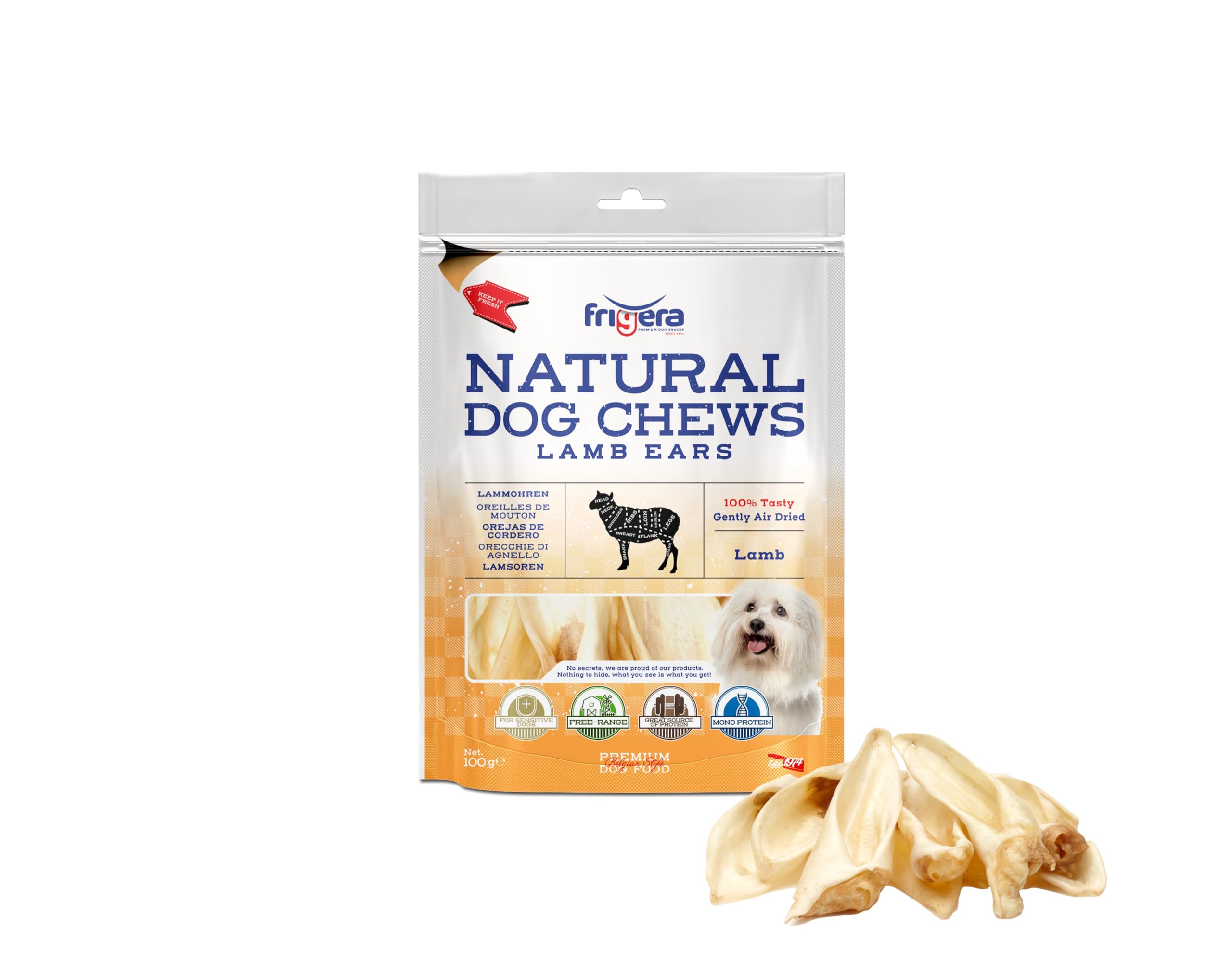Frigera Lammohren, 100 g, naturali ricchi di proteine, per cani, senza glutine e cereali