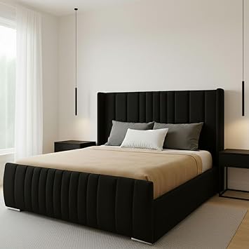 Luxury Upholstered 48’’ Winged Panel Bed Frame with Vertical Headboard & Footboard | Ottoman Storage & Mattress | Plush Velvet | Double Super King Sizes (Blue (No Mattress), 3ft (No Gaslift))