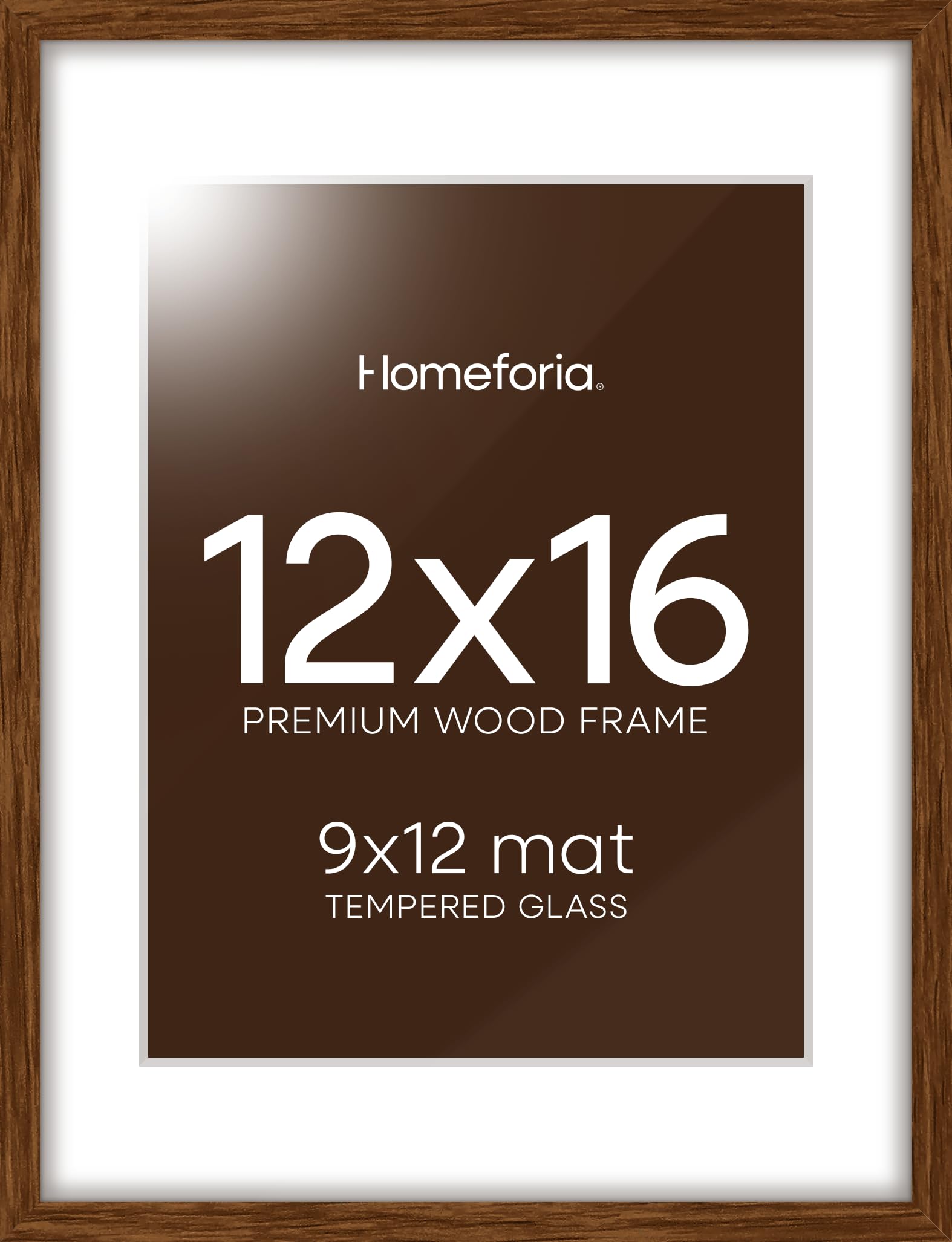 Homeforia 12x16 Brown Oak Picture Frame, High-End Wood, 9x12 Mat, Glass | High End Solid Oak Wood, Tempered Glass, Acid-Free 9x12 Removable Mat, 12x16 Edge-to-Edge Display 16x12, Wall Kit, Set Of 1