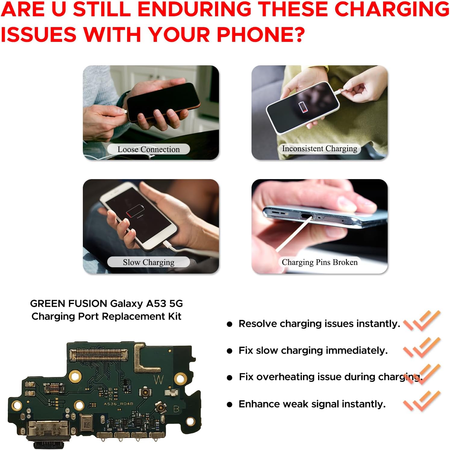 Charging Port Replacement Kit Compatible with Galaxy A53 5G US Version, SM-A536U, SM-A536U1, SM-A536V, SM-A536W Dock Board USB-C Connector, with Instruction Manual, Toolkit