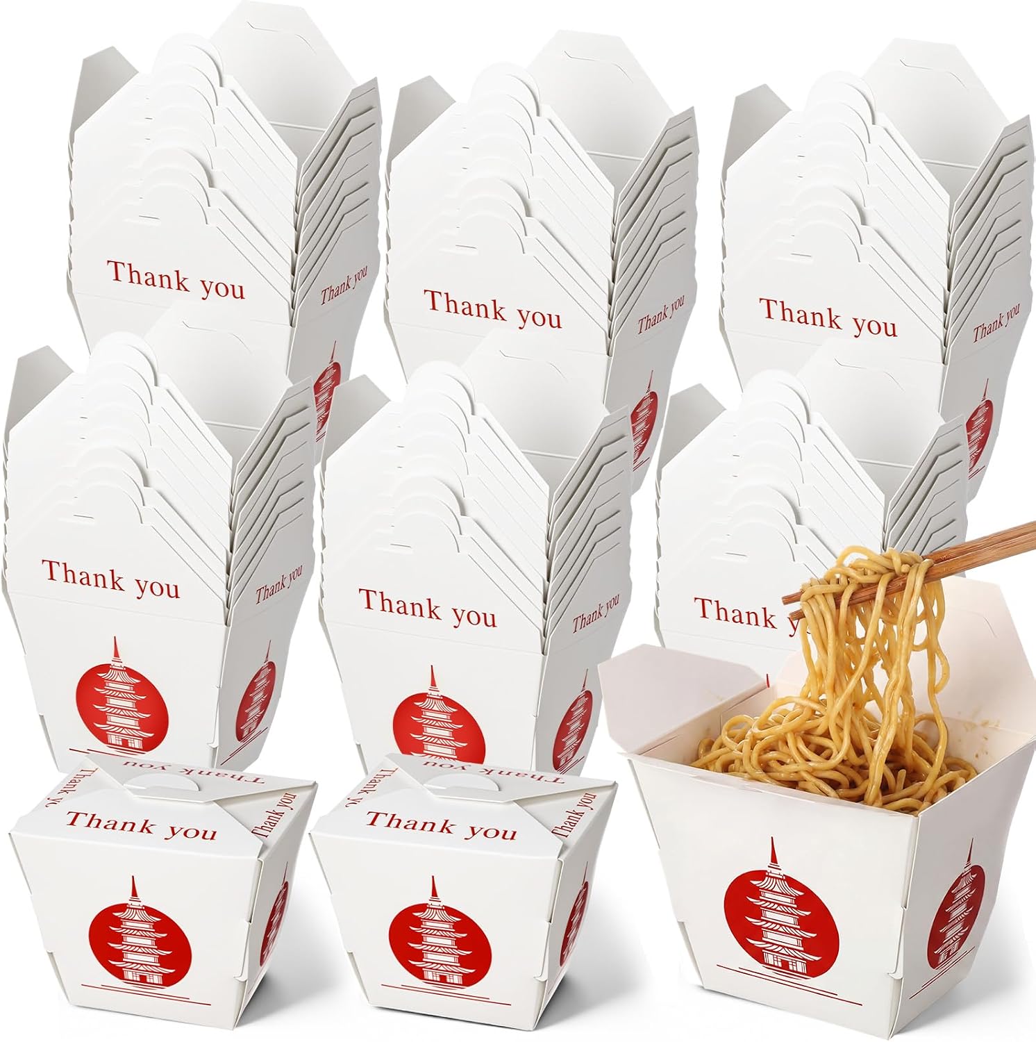 Eaasty 60 Pcs Chinese Pagoda Takeout Boxes 8oz Mini Chinese Paper Food Containers Asian Themed Party Decoration for Asian Hibachi Japanese Birthday Wedding Restaurant Party Favor Supplies (White Red)