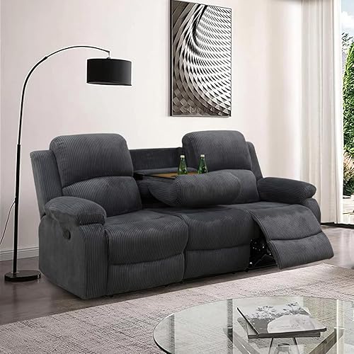 Miniatura 14 de Juego de sofá reclinable de microfibra de lino gris, 3 piezas (sofá+sofá biplaza+silla), marco de madera, cuero/microfibra/pana, 82 x 40 x 40 Gris