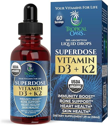 USDA Orgánico Gotas Líquidas de Vitamina D3 K2 para Adultos | Superdosis 8000IU Vitamina D3 Pura | 60 Porciones | Suplemento de Vitamina D K2 para