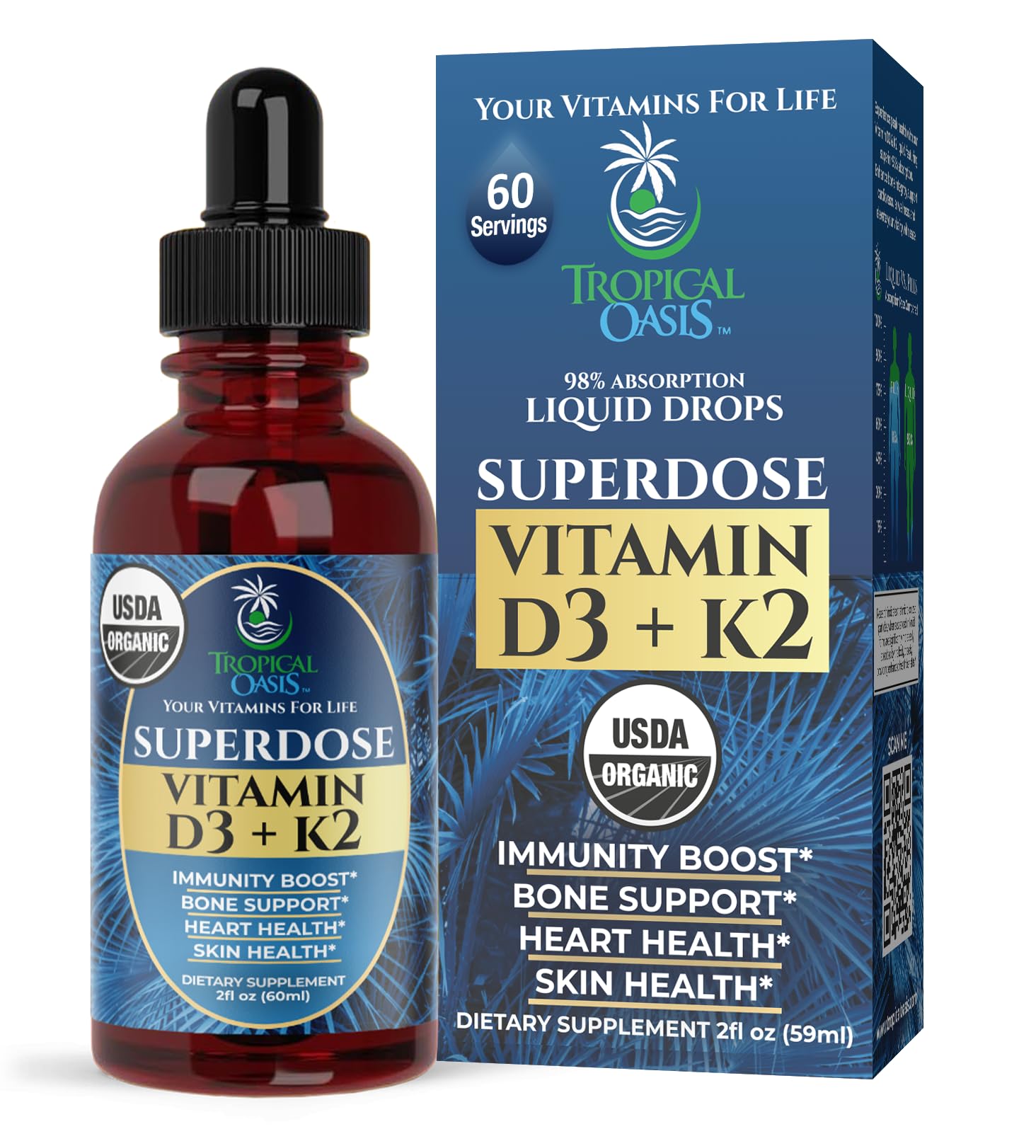 USDA Organic Liquid Vitamin D3 K2 Drops for Adults | Superdose 8000IU Pure Vitamin D3 | 60 Serv | Vitamin D K2 Supplement for Immune Support & Bone Health | 98% Absorption | Vegan, Non-GMO | 2 Fl Oz 2 Fl Oz (Pack of 1)