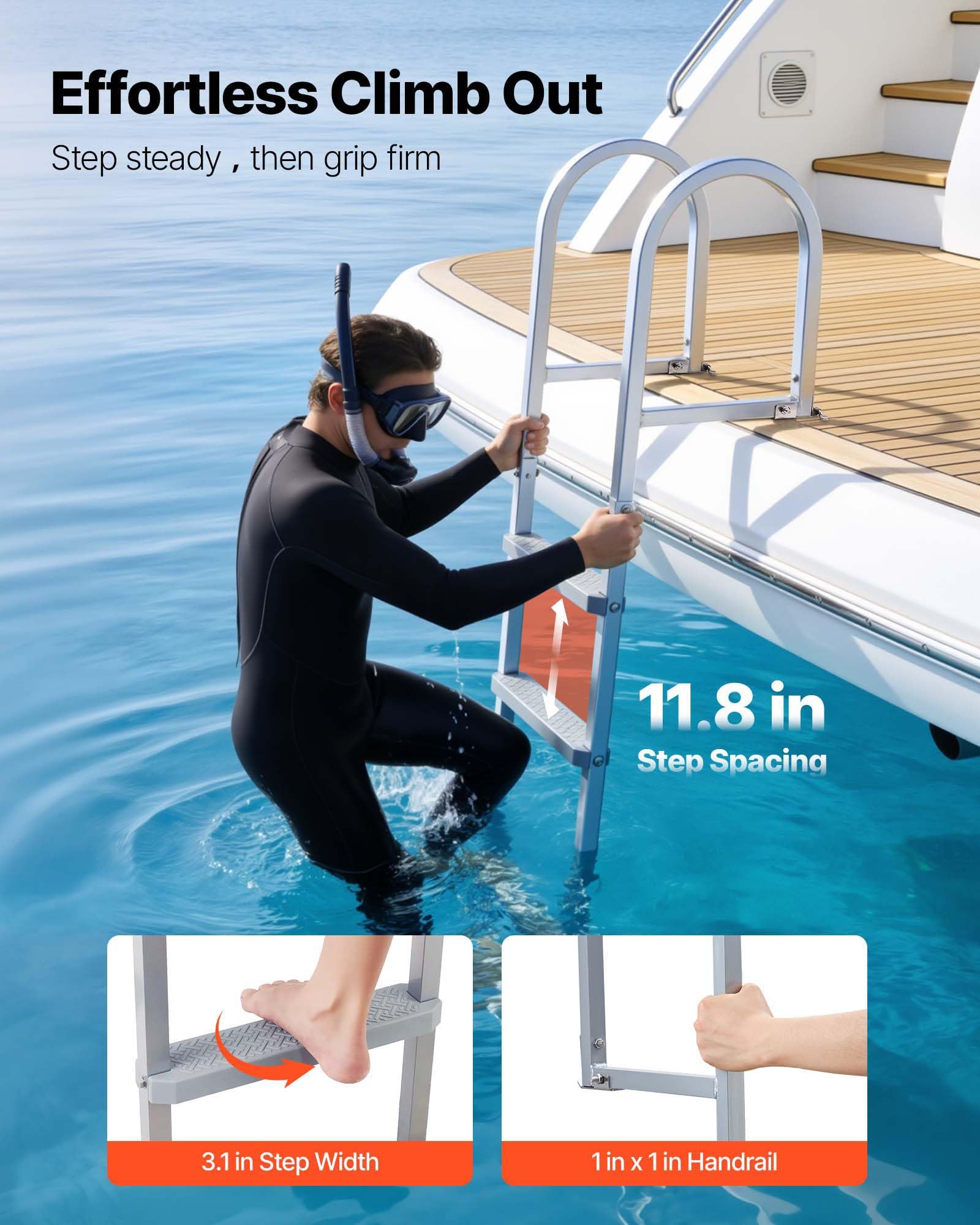 VEVOR Scaletta Smontabile per Molo, Scaletta Dritta da Pontile, 3 Gradini Ampi e Antiscivolo in PP, Portata Massima 227 kg, Struttura in Lega di Alluminio, Montaggio Semplice, per Laghi e Imbarcazioni