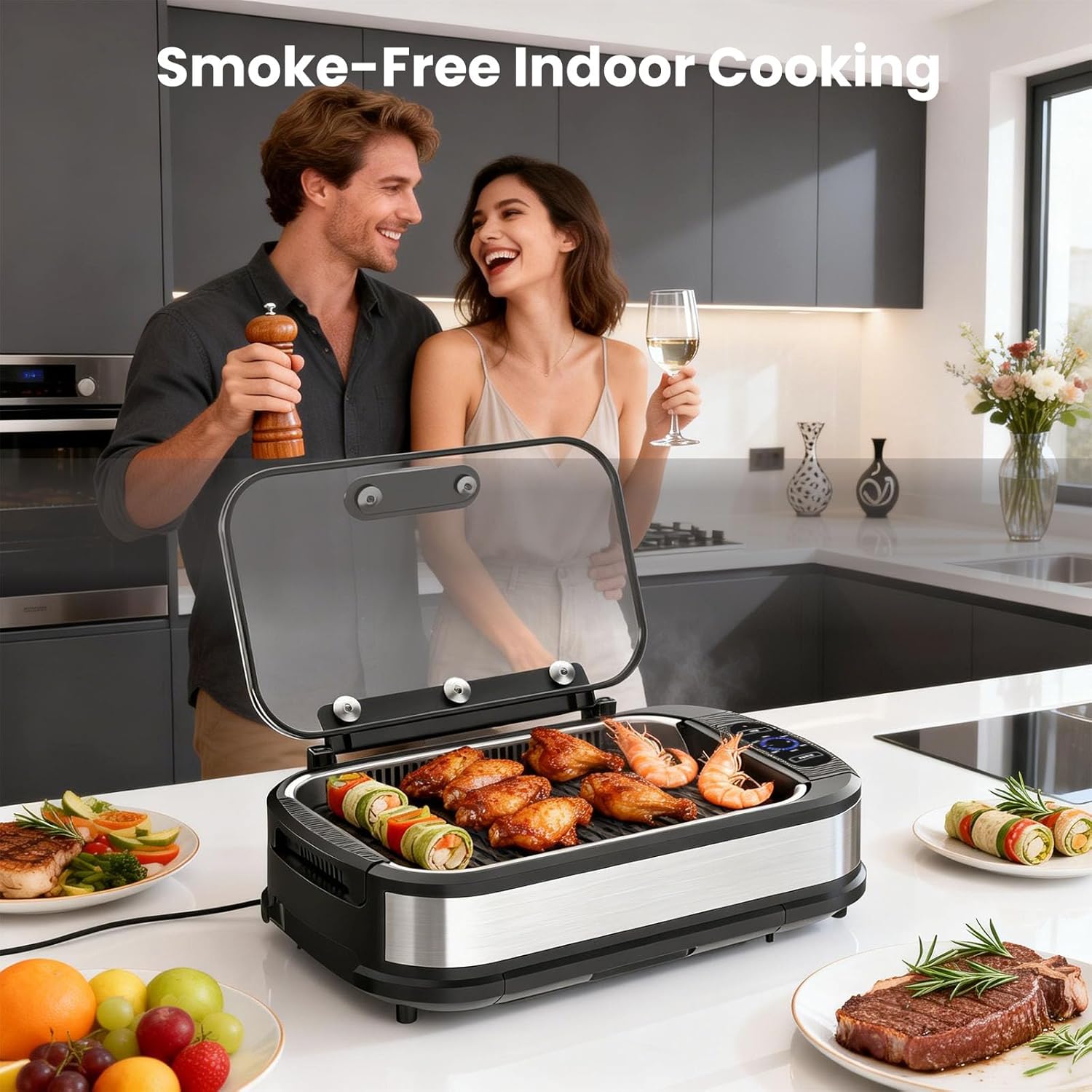 Smokeless Electric Grill & Griddle for Indoor Cooking, Nonstick Contact Grill with 6-Level Temperature Control, Dishwasher Safe Plates, Auto Shut-Off, Ideal for Kitchen, Apartment, Home