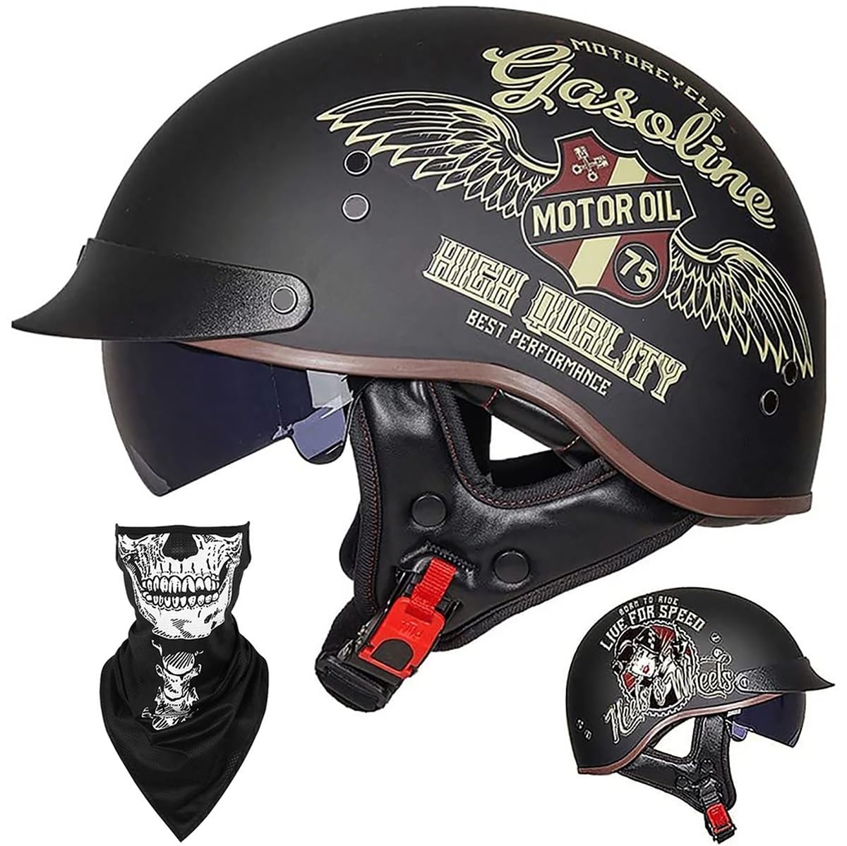 EBAYIN Half Helmet Open-Face Helmet Brain - Cap Cruiser Chopper Scooter Pilot Jet Helmet DOT+ECE Certified Personality Retro Harley Motorcycle Helmet(C,XL=(61~62cm))