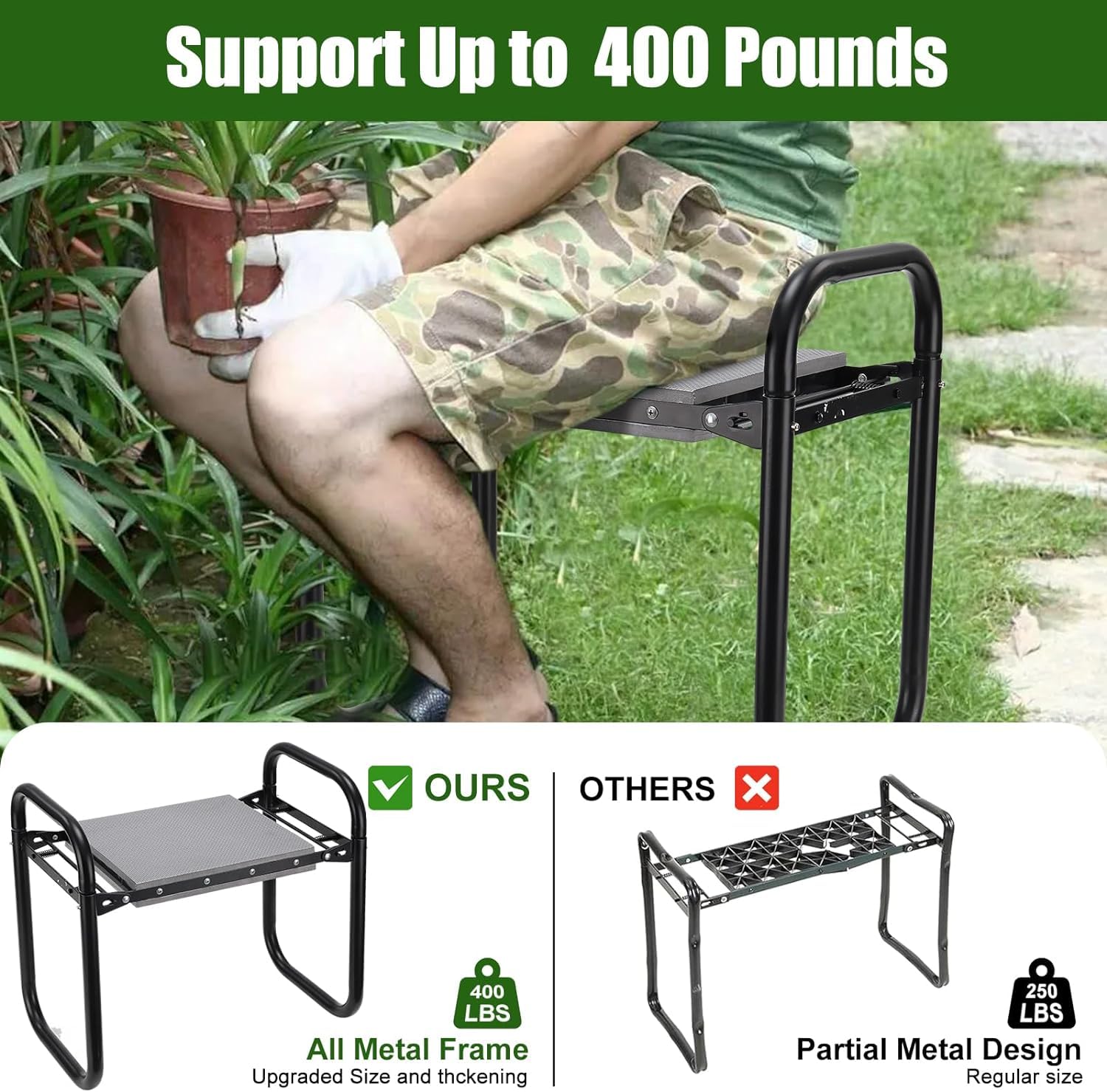 Tabouret de Jardin Pliable, Banc Agenouilloir avec Coussin de Confort de 5 cm d'Epaisseur, Capacité de 180 kg pour Jardinage Banc de Jardin pour Seniors, Femmes, Hommes/Noir