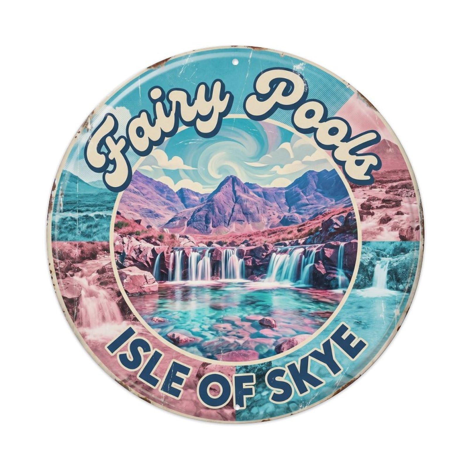 Cmhok Vintage Style-6 Vintage Travel Fairy Pools Skye Artwork Metal Tin Sign Plaque Wall Decor For Cafe, Club, Garden Round Metal Poster 8X8inch
