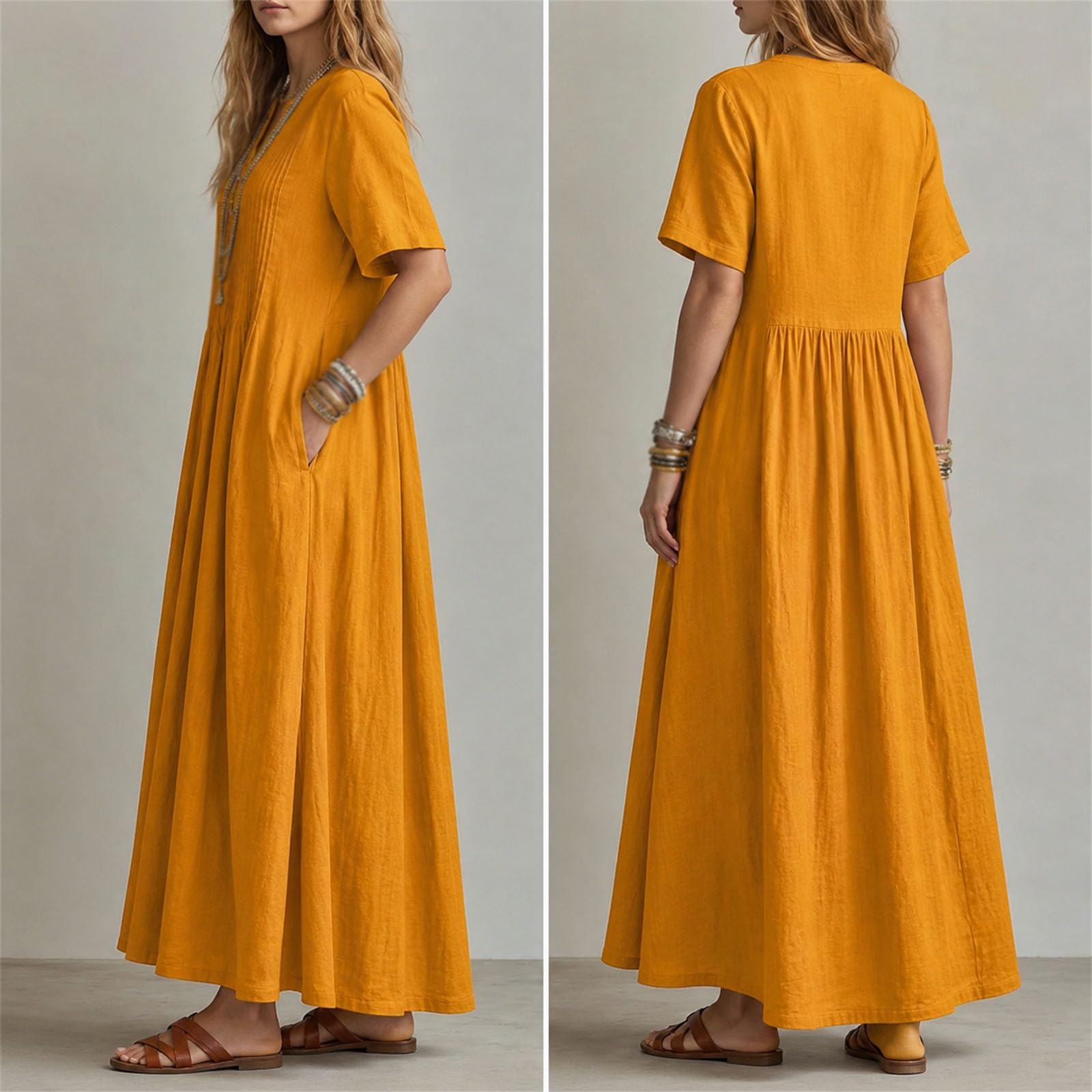 Maxi abito estivo da donna in cotone, scollo a V, maniche corte, con tasche | Maxi abito in cotone con scollo a V, maniche corte, arricciatura frontale e tasche, per l'estate, il tempo libero, le vacanze