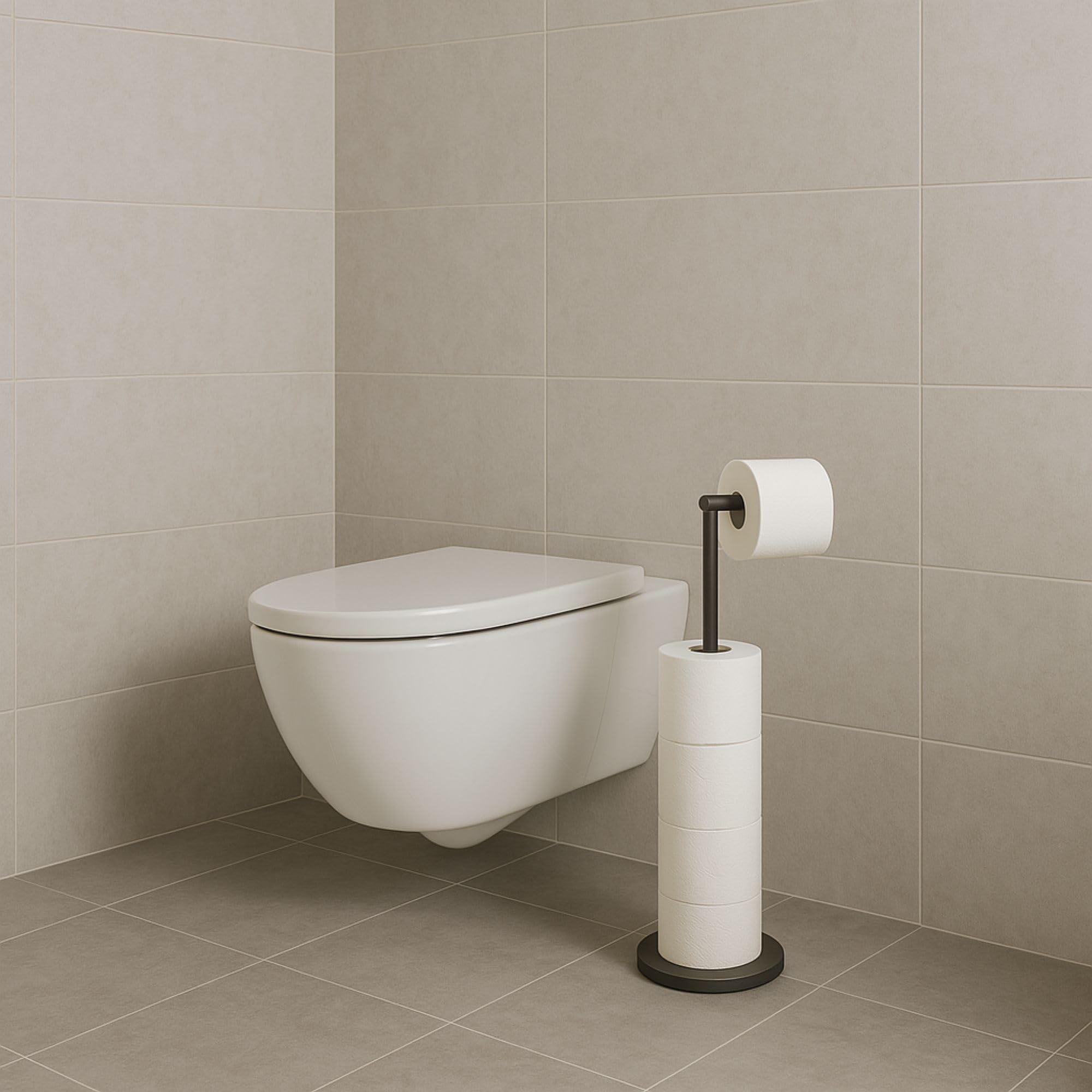 Minismus Porta Carta Igienica da Terra Nero - Piantana Salvaspazio per 5 Rotoli - Portarotolo Stabile ed Elegante - Accessori Bagno Moderni