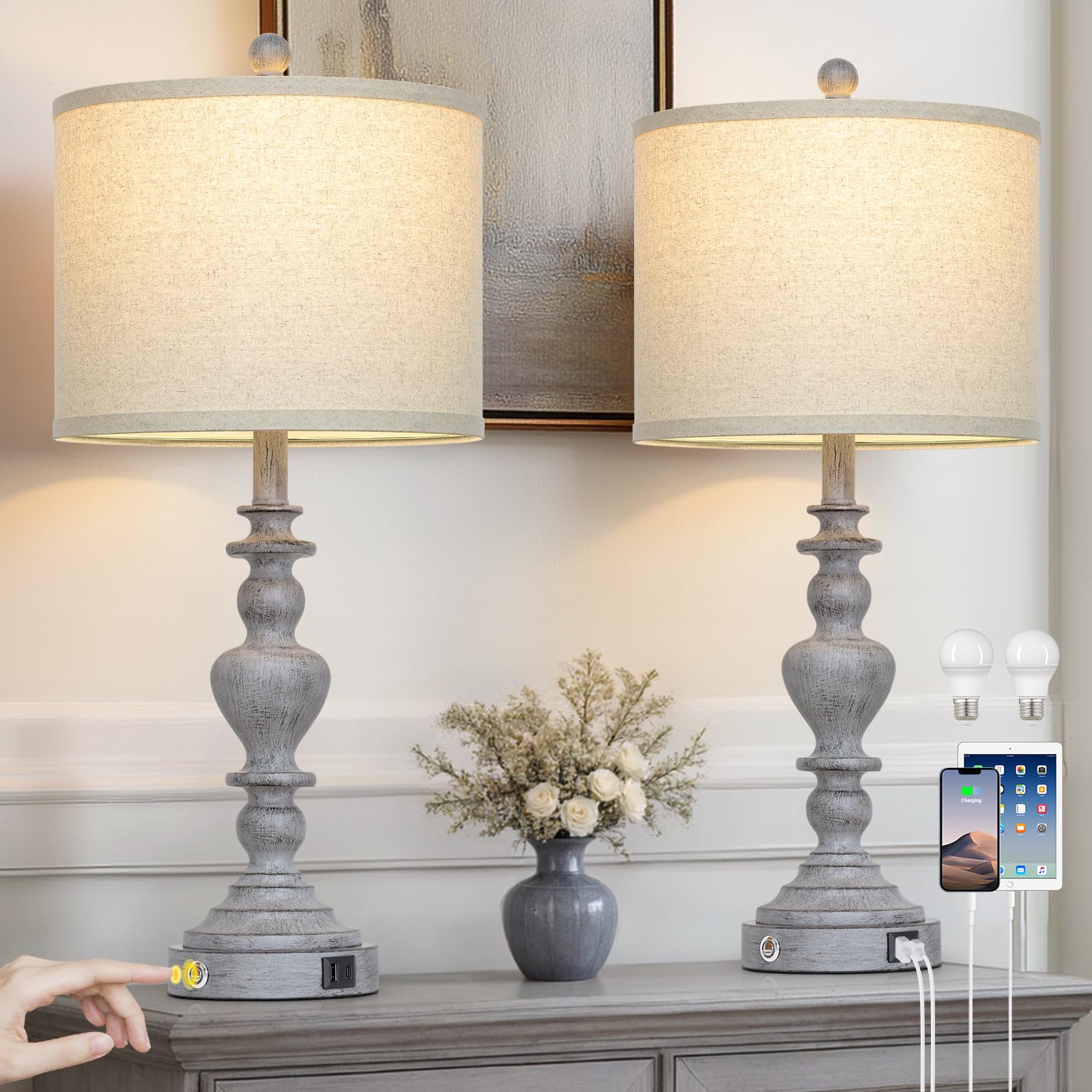 27" Tall Table Lamps for Living Room, 3-Way Dimmable Touch Control Farmhouse Vintage Table Lamps Set of 2 with USB C+A Ports and AC Outlets, Rustic