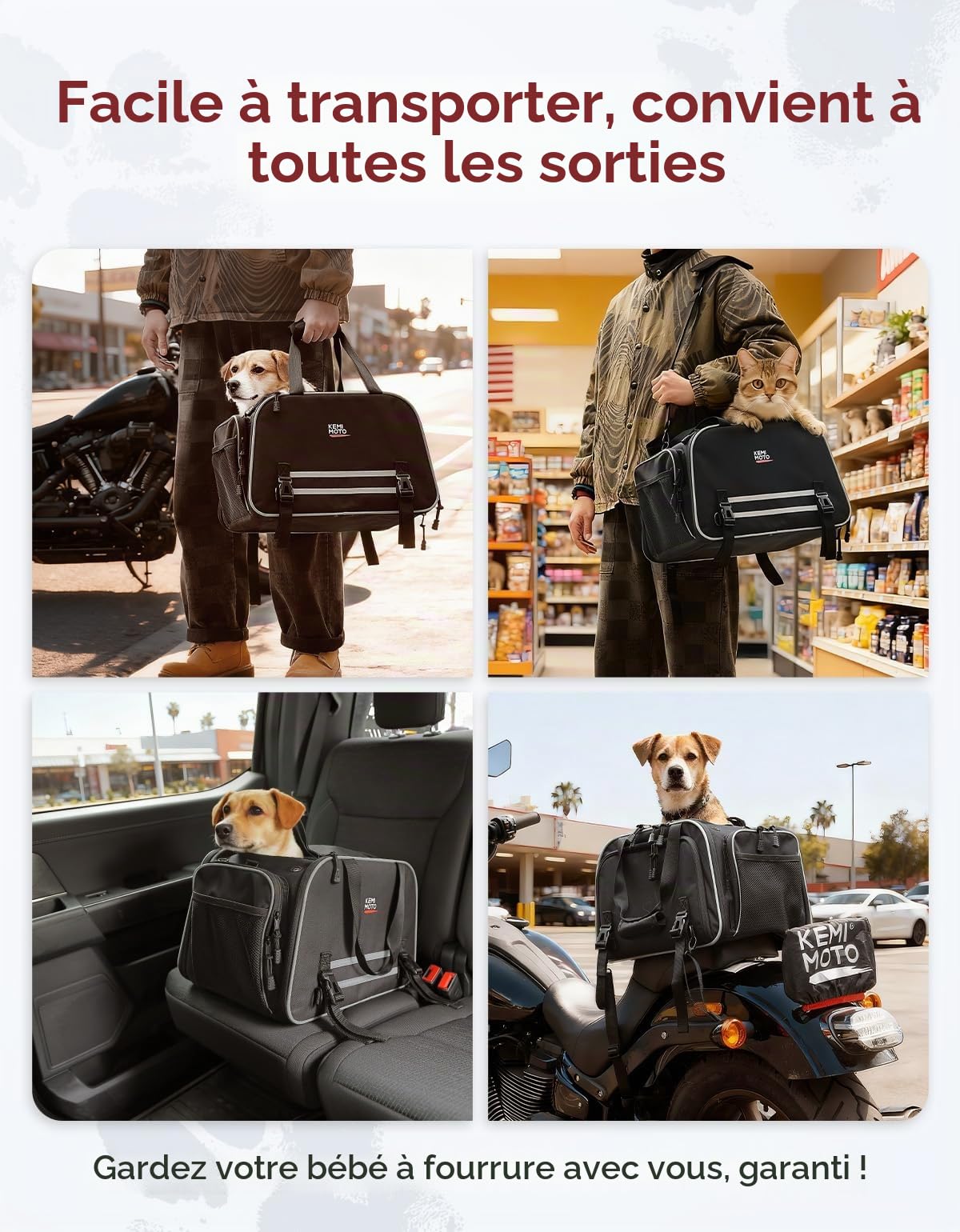 KEMIMOTO Sac de Transport pour Moto, Sacoche Moto pour Chien Extensible pour Petits Chiens et Chats Max 7,5 kg, Sac Motos pour Animaux Pliable 46 x 28 x 28 cm pour Motos Cruiser et Touring