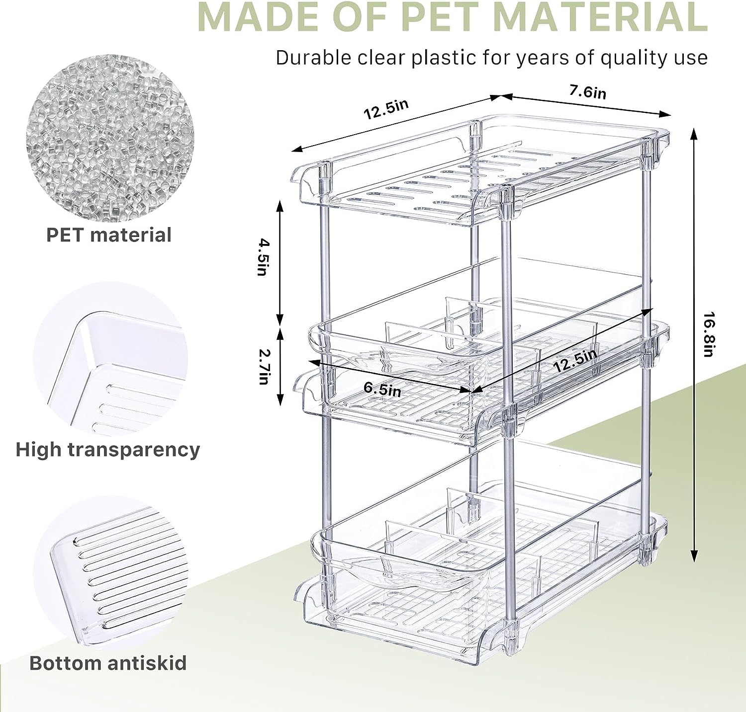 2 Set, 3 Tier Clear Bathroom Storage Organizer with Dividers, Pull Out Under Sink Organizers and Storage, Multi-Purpose Cabinet Organizers and Storage for Kitchen, Vanity, Pantry, Medicine Cabinet
