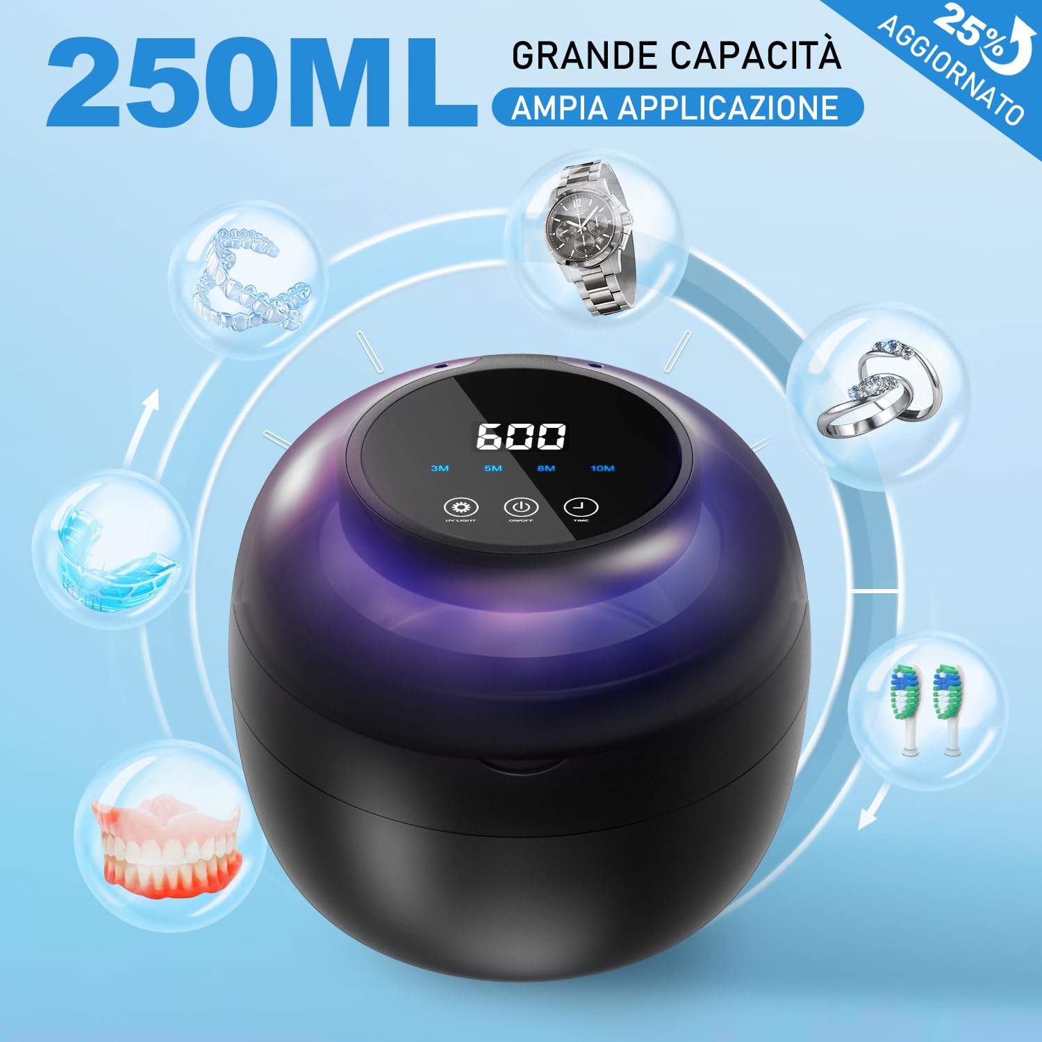 Pulitore Ultrasuoni, 50.000 Hz Ultrasonic Cleaner 250 ml Dental Pod Con 6 Lampade UV Per Bite Bruxismo, Bite Notturno, Protesi Dentale, Allineatore Dentale, Apparecchio Denti E Gioielli