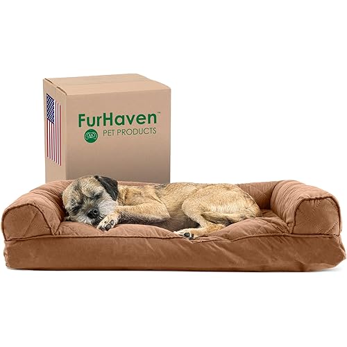 Furhaven Pillow Dog Bed for Medium/Small Dogs w/ Removable Bolsters & Washable Cover - Quilted Sofa - Toasted Brown, Medium