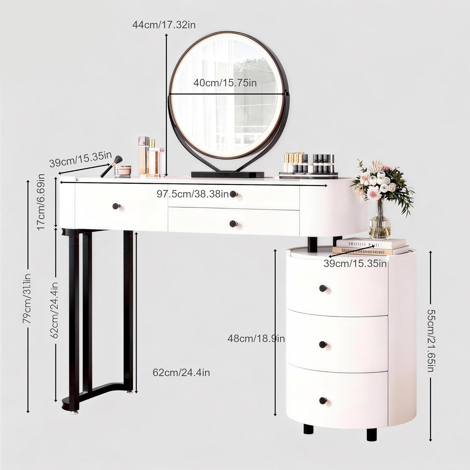 KDCAS Modern Vanity Desk with Mirror and Lights | Faux Leather Makeup Vanity with 5 Drawers | Round Reversible Side Cabinet for Small Spaces 38.38-46.45 in (White)