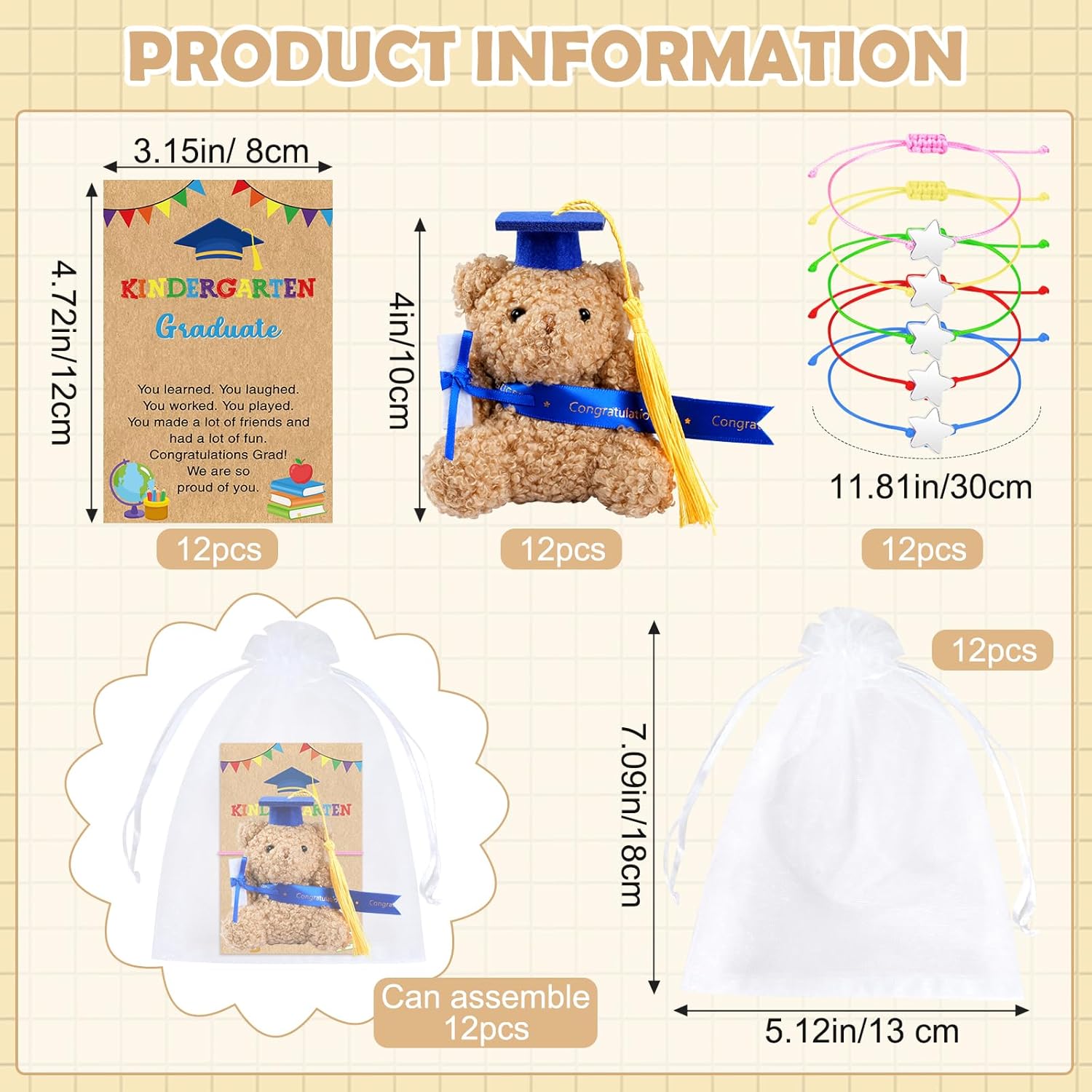 25 Set Kindergarten Graduation Bear Gift Bulk, Mini Grad Bear with Adjustable Star Bracelets Card Bags, 2026 Kindergarten Graduation Gifts from Teacher for Kids Student Party Favor Decorations, Blue