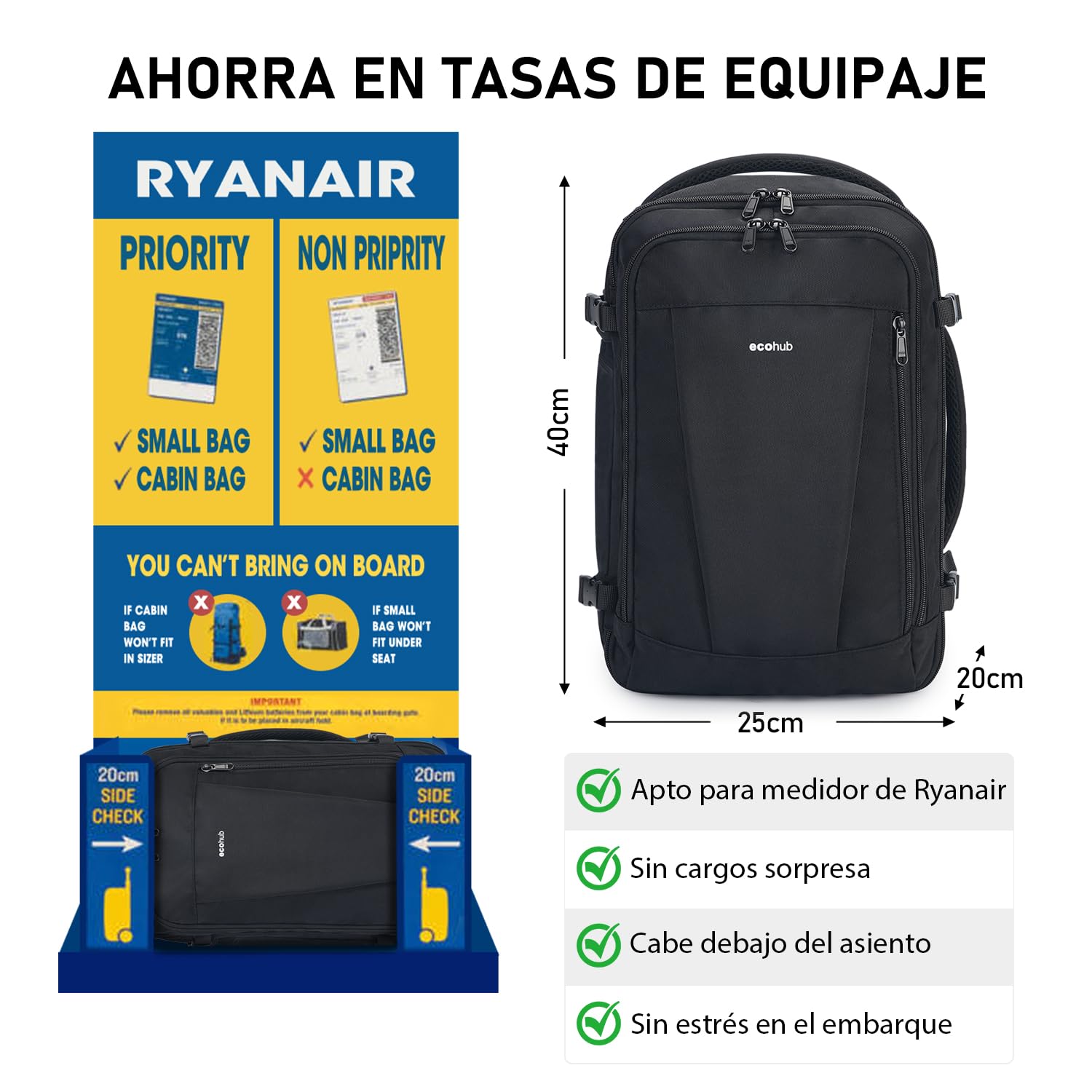 ECOHUB Mochila de Viaje Cabina Avion 40x20x25 Ryanair Con 13 Compartimentos Para Mujer y Hombre, Maleta Debajo del Asiento, Equipaje de Mano 40x30x20 20L, Recicladas, Patentado, Negro