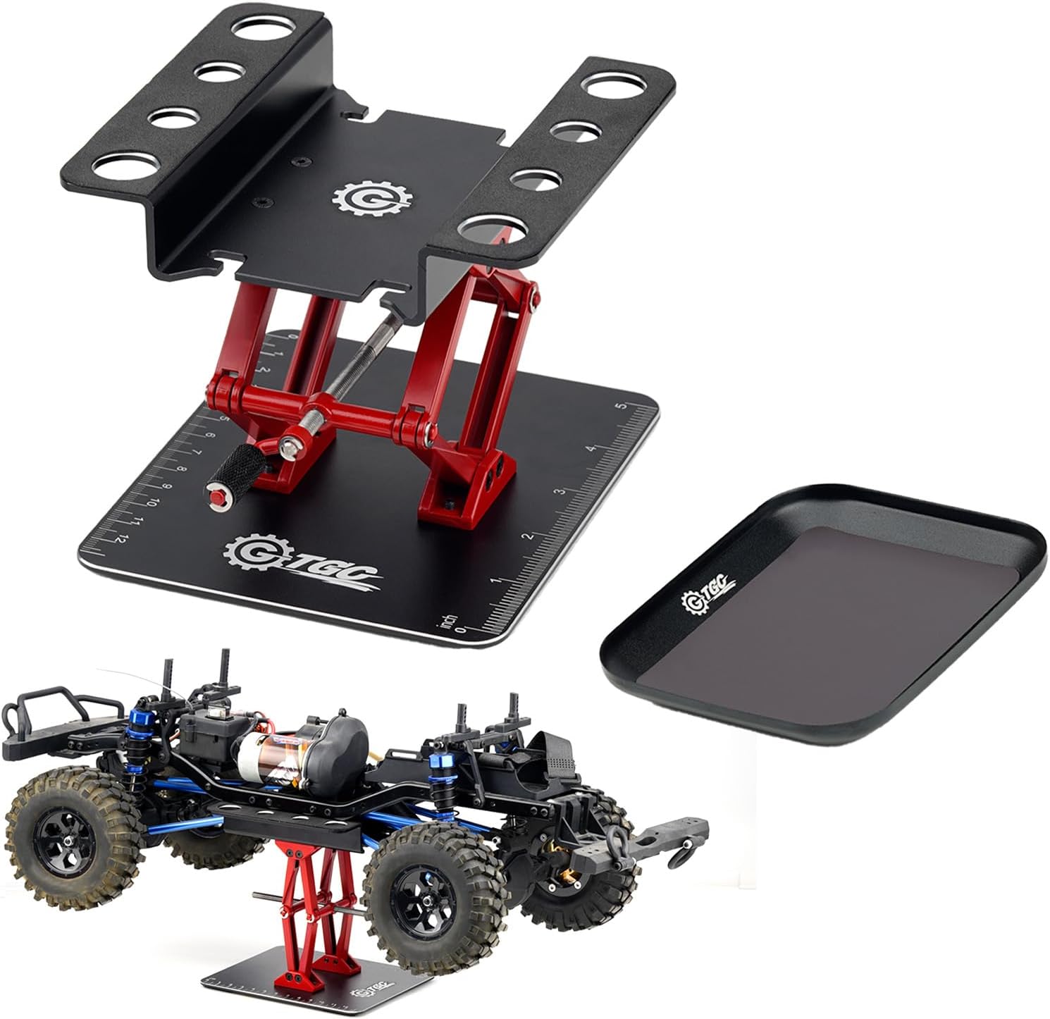 RC Car Adjustable Height Work Stand with Screwed Tray Made of Aluminum Alloy Suit for TRX4M Axial Arrma Redcat Losi Etc 1/8 1/10 1/12 1/14 1/16 1/18 RC Car Tool Set (Black)