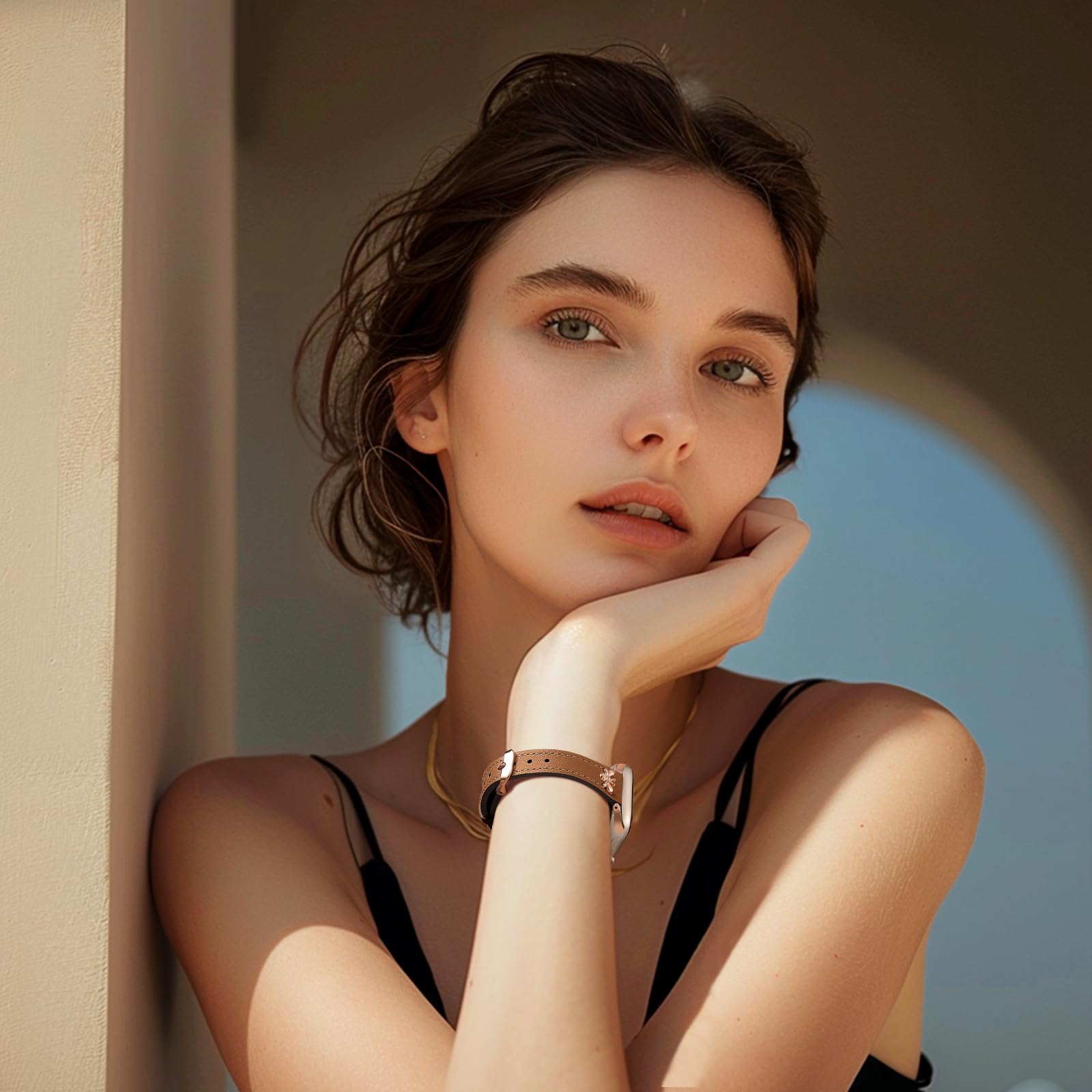 Adorve Slim Leather Bands Compatible with Apple Watch Bands 40mm 41mm 38mm for Women, Top Grain Genuine Leather Strap with Decorative Charms, Thin Wristband for iWatch Series SE 9 8 7 6 5 4 3 2 1