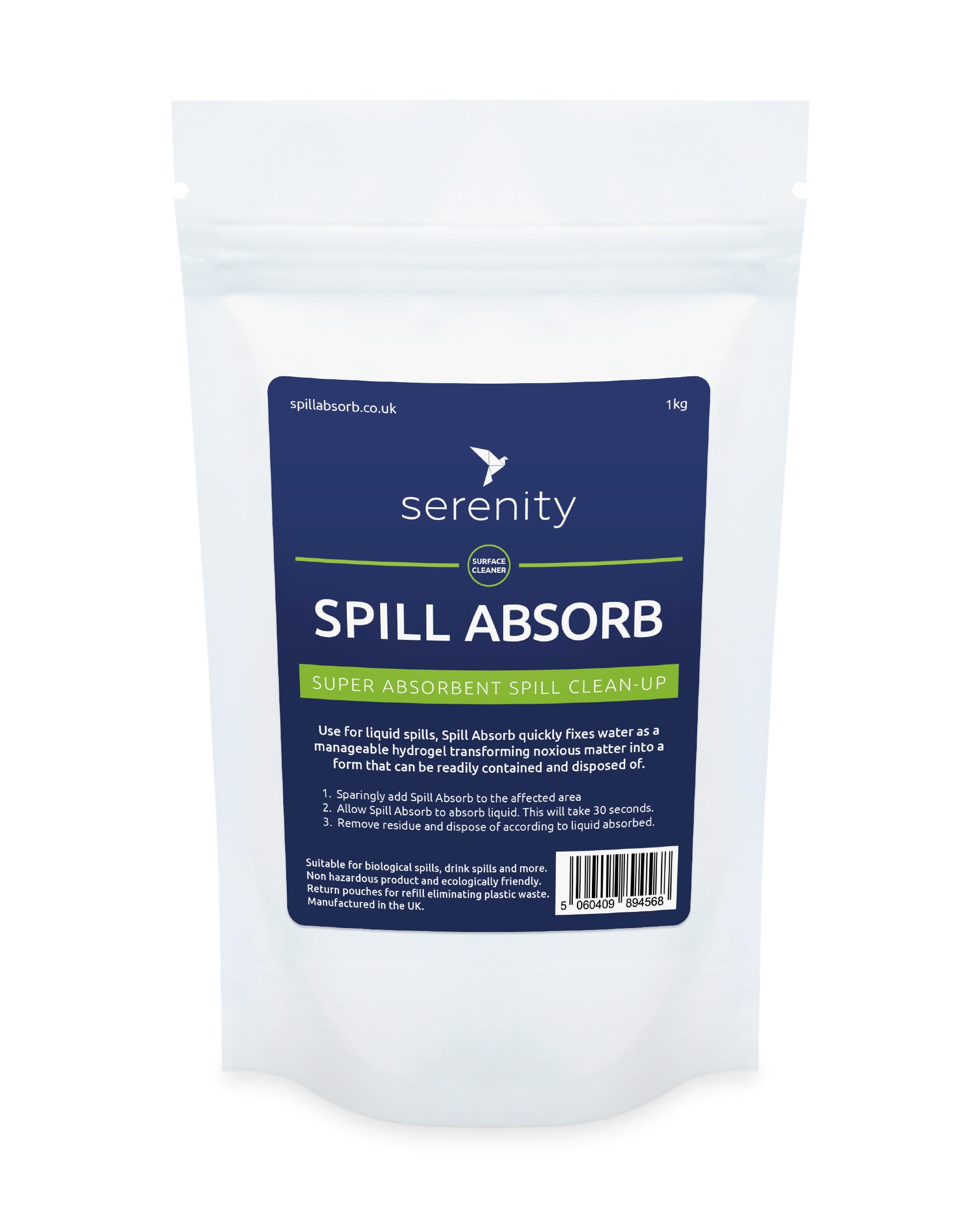 Spill Absorb Liquid Absorbent Powder Instantly Absorbs Liquid Spills Reducing Slip Risk & Clearing Hazardous & Non Hazardous Spills Safely 1 Kilo Pouch of 1