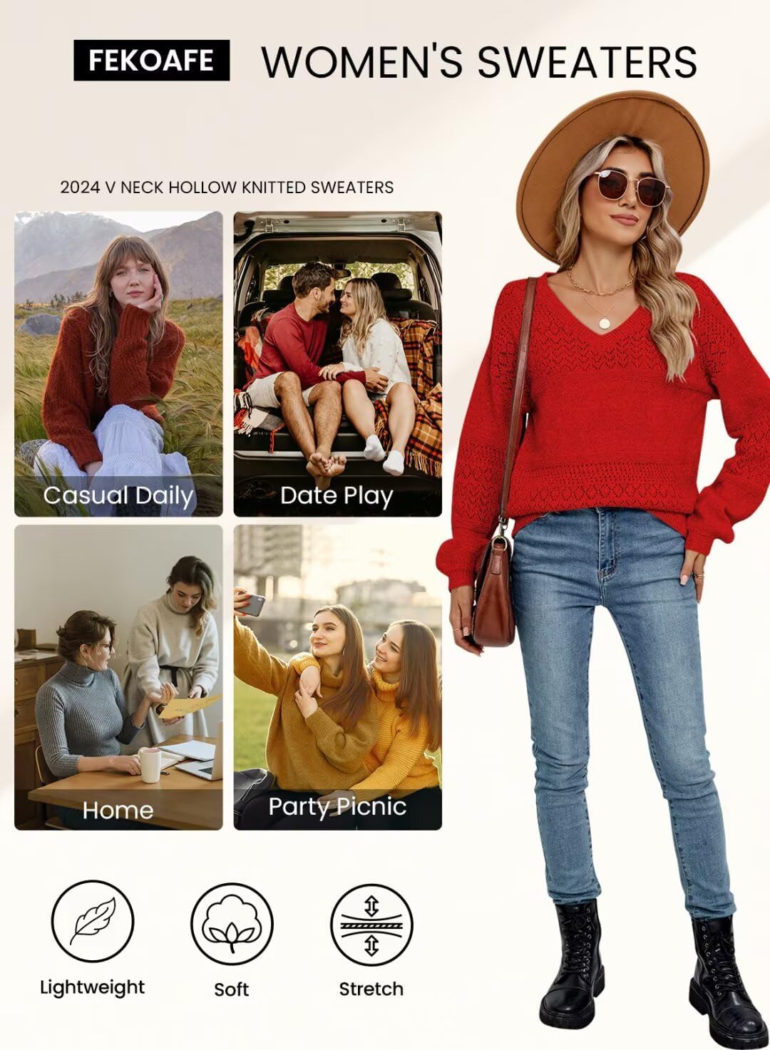 FEKOAFE Womens Sweaters 2026 Fall V Neck Long Sleeve Hollow Knit Pullover Sweaters for Women - Image 6