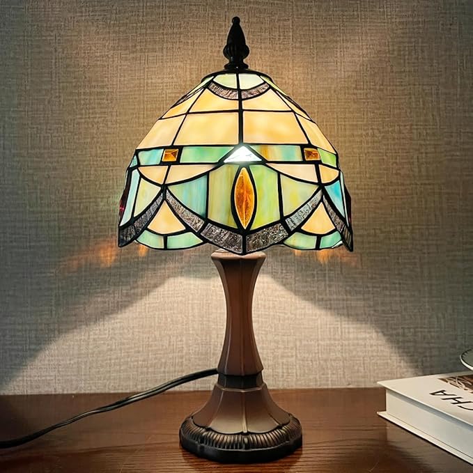 COTOSS Tiffany Small Table Lamp Stained Glass Accent Table Light Antique Style Desk Lamp Vintage Bedside Lamp for Living Room Bedroom Nightstand