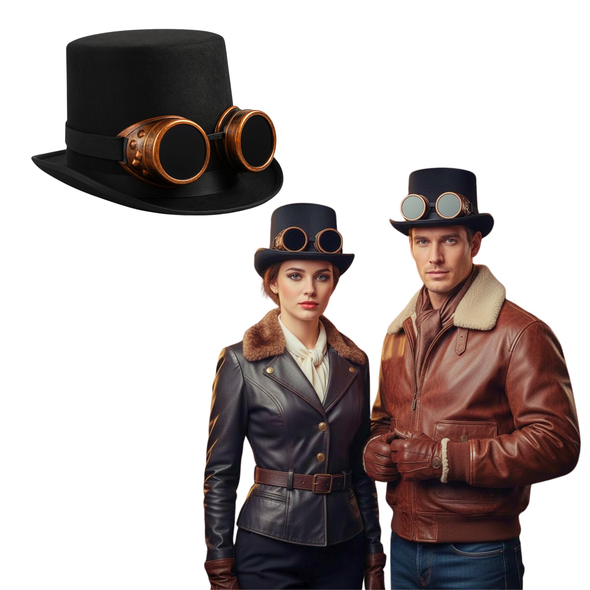 FNA FASHIONS Unisex Steampunk Aviator Goggles & Black Velour Top Hat Adult Fancy Dress Costume Accessory