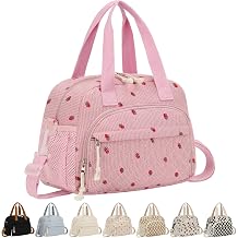 ELONGRIVER Corduroy Insulated Lunch Bag for Women Teen Girls, Portable Adult Lunch Box, Reusable Tote Cooler Bags, Lightweight Womens Lunch Bags with Front Pockets Work Picnic Travel, Pink Strawberry