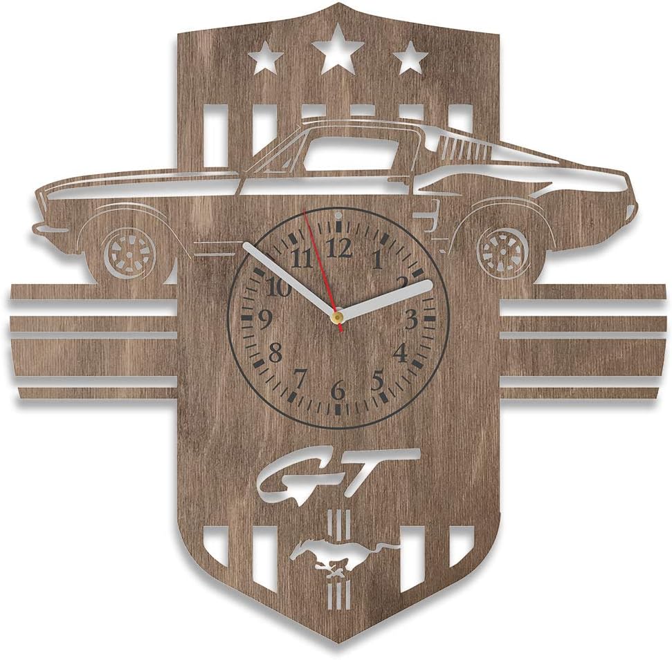 Wooden Clock Mustang for Men Mustang Room Decor Mustang Minimalist Decor Ford Mustang Wall Clock Ford Mustang Wooden Wall Clock for Boys Mustang Wall Decals (Brown)
