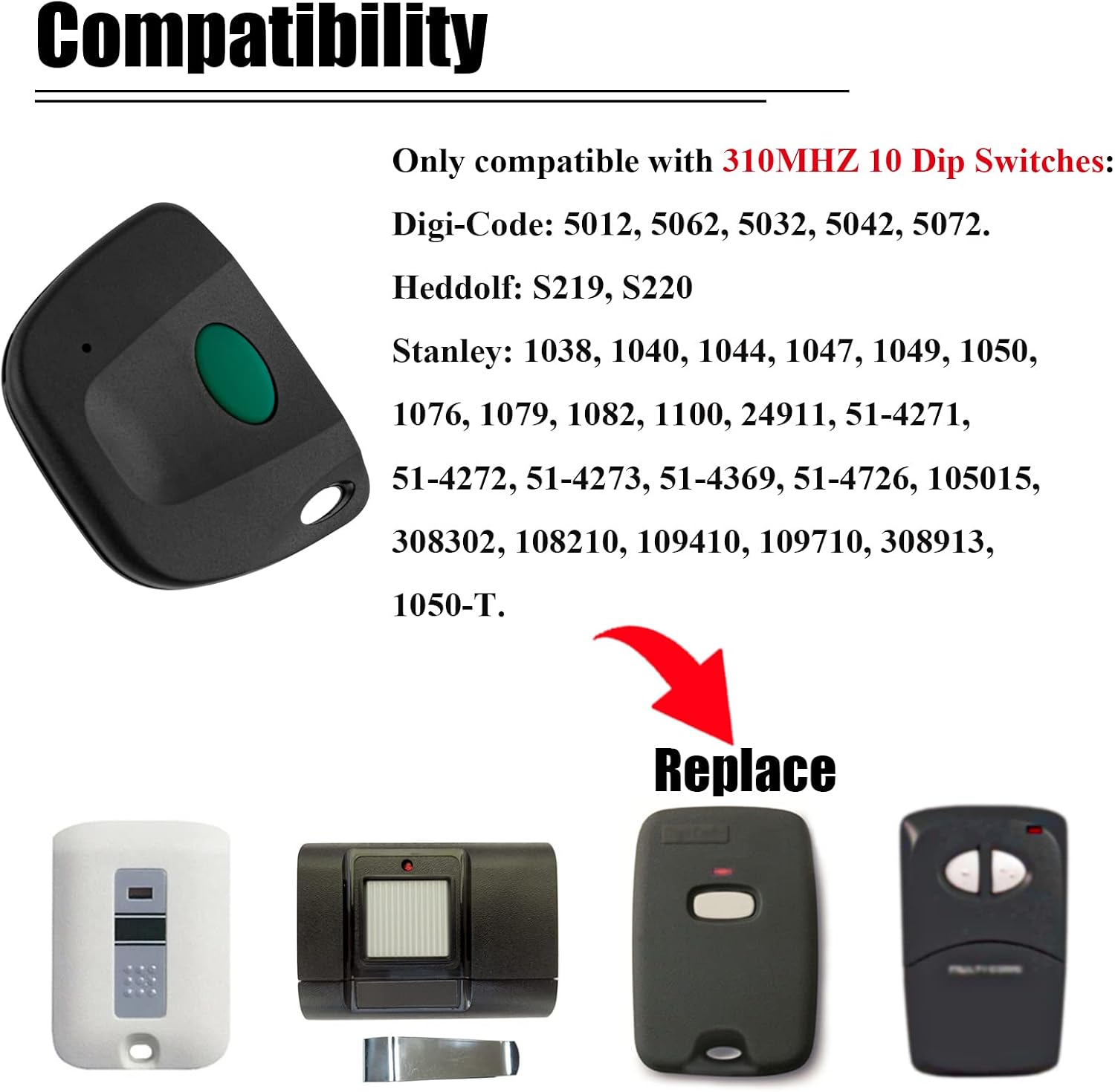 10 Dip Switch 310Mhz Garage Door Remote Control Compatible with Stanley 1050|1082|105015|109410, Digi-Code 5012|5062|5032|5042|5072, Heddolf S219|S220 Garage Door Opener Transmitter 2 Pack