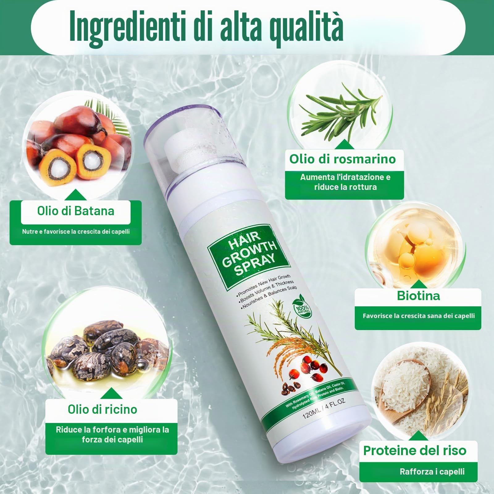 Spray di siero per la crescita dei capelli, olio naturale per la crescita dei capelli con olio biologico di rosmarino, olio di ricino, olio Batana e biotina, crescita dei capelli più sottili