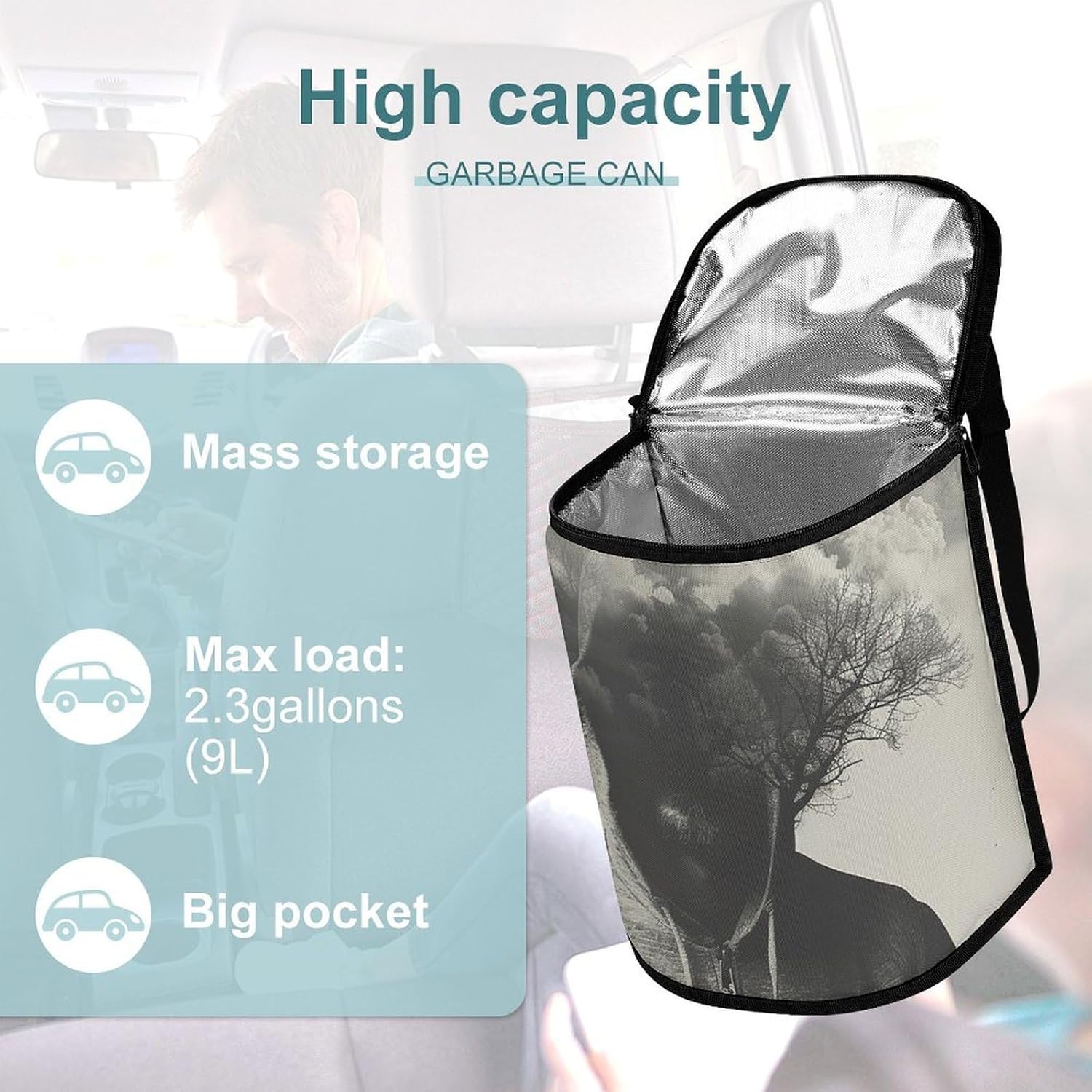 MUSM Leakproof Car Trash Can 2.5 Gallon, Durable Automotive Garbage Bag with Waterproof Liner, Man in Hoodie Trash Bag for Car, Truck, RV & Bathroom