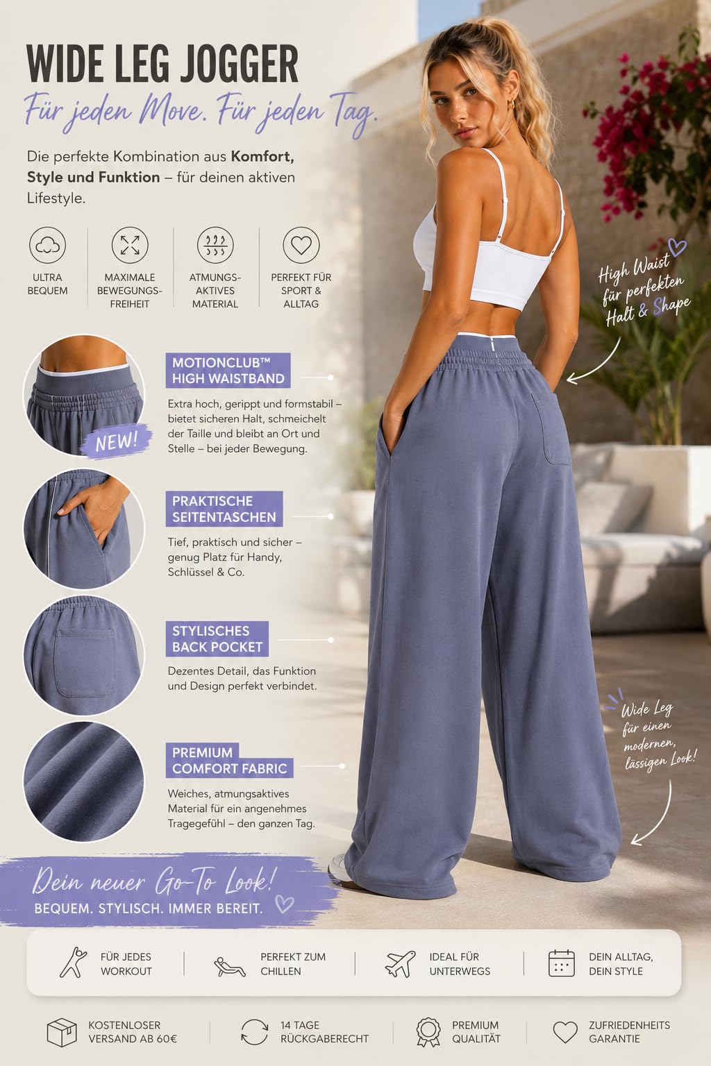 MotionClub x Teveho Wide Leg Jogger Damen High Waist Jogginghose Oversize Sweatpants Loungehose Freizeithose Fitnesshose mit Taschen Sommer Athleisure Streetwear Loose Fit