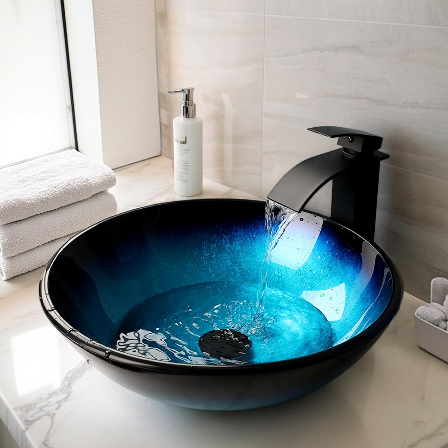 Blue Bathroom Sinks Balck Glass Vessel Sinks for Bathroom Countertop Round Vanity Sink Bowl Combos Black Mixer Faucet and Drain Set Glass Basin Bowl for Bathrooms Large