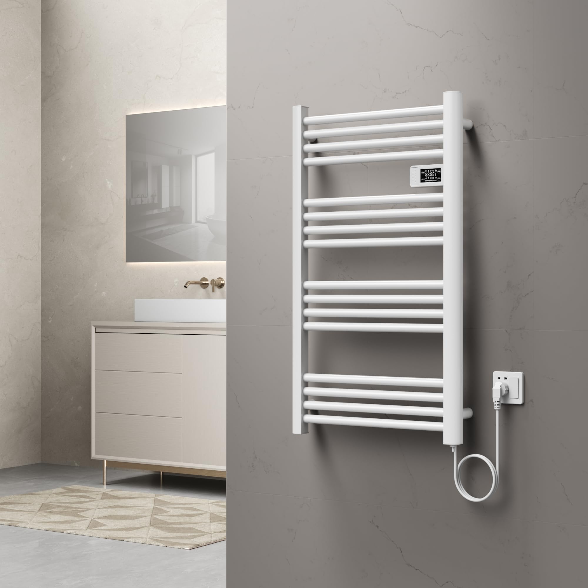 pro.tec Elektrischer Handtuchheizkörper Follo Badheizkörper 500 W mit Timer-Funktion Handtuchwärmer mit Thermostat 96 x 54 cm Handtuchheizung inkl. Touchscreen Badheizung Weiß