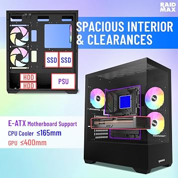 Raidmax i801 Tempered Glass Aqua View Case - Corner Structure-Free Panoramic Design, 3 ARGB Fans Included, and Support for 360mm Water Cooler and 400mm GPU (Black Combo)