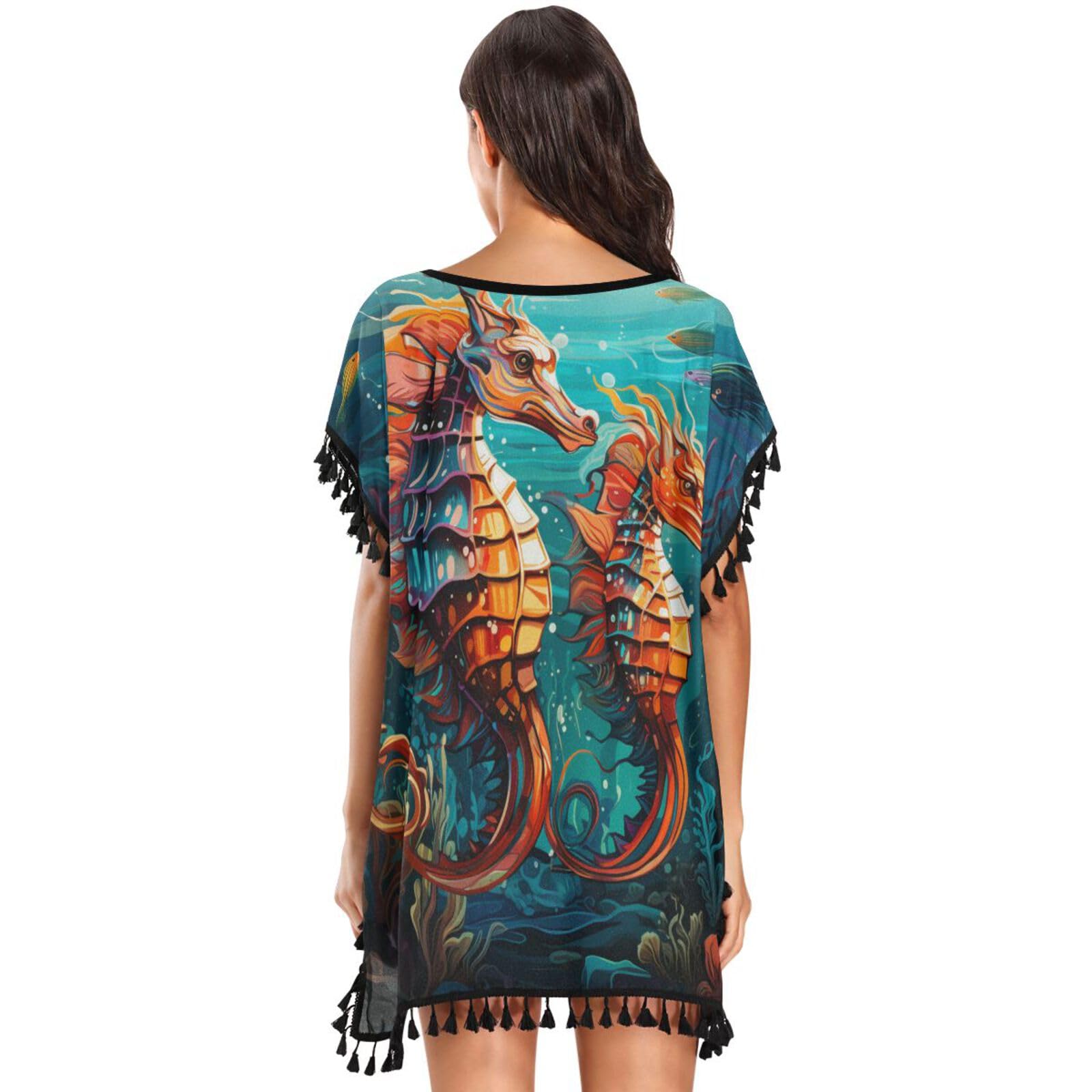 Watercolor Art Seahorses Fishes Women's Beach Cover Up Chiffon Tassel Swimwear Swimsuit Coverups for Girl